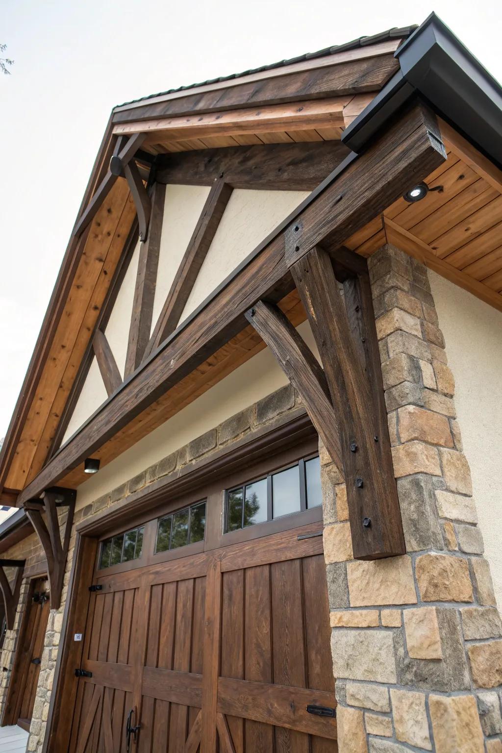 Elevate your garage with ageless timber post details for a distinctive and rustic allure.