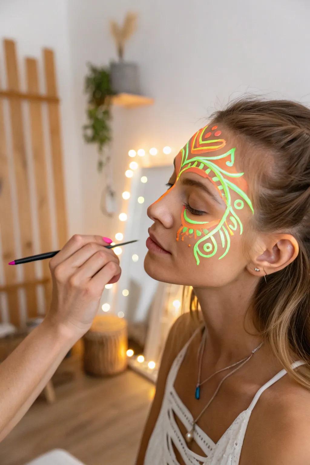 Illuminate your ingenuity with fluorescent facial artistry that shines in the darkness.