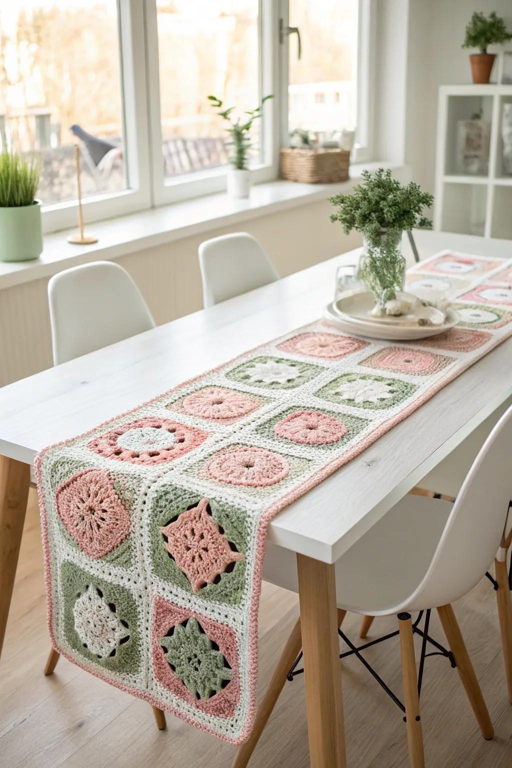 Introduce a burst of color and craftsmanship to your dining space with a stunning granny square table adornment!