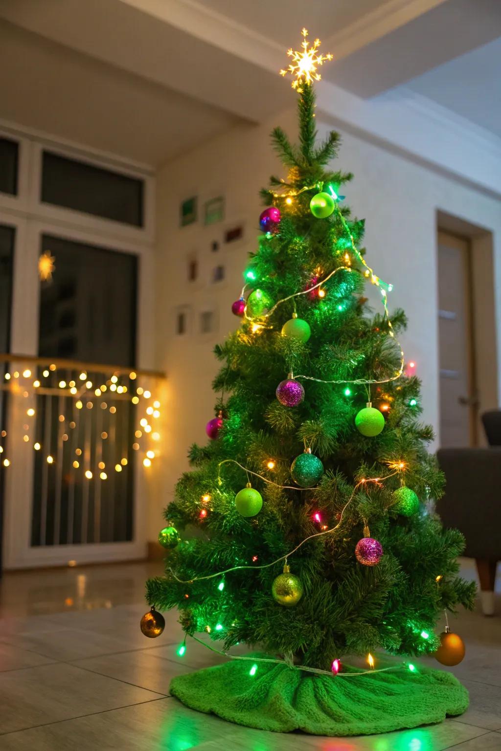 A spirited Christmas tree with iridescent hints, infusing a surge of energy into the holidays.