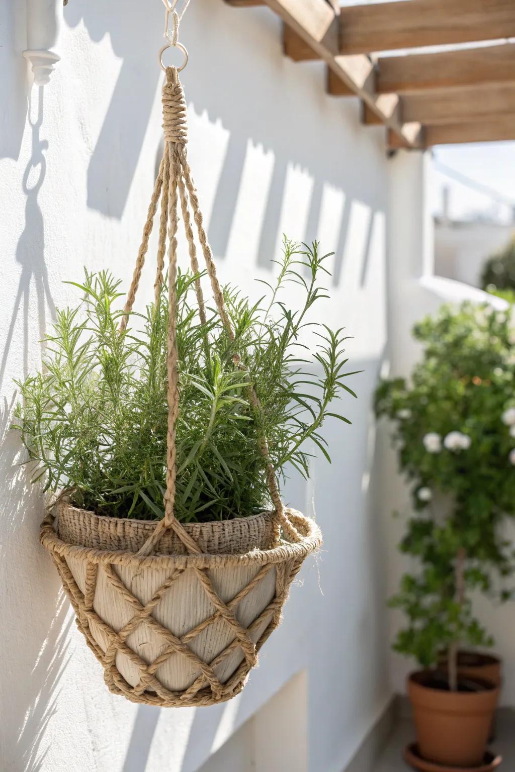 Elevate your spatial dimension with the understated splendor of a suspended rosemary basket.