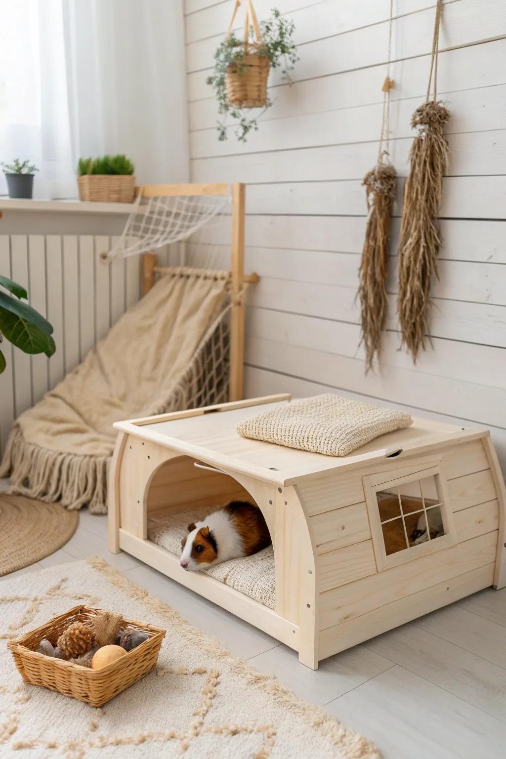 Transform your guinea pig's dwelling into a serene, structured retreat with a blend of Scandinavian minimalism and boho charm.