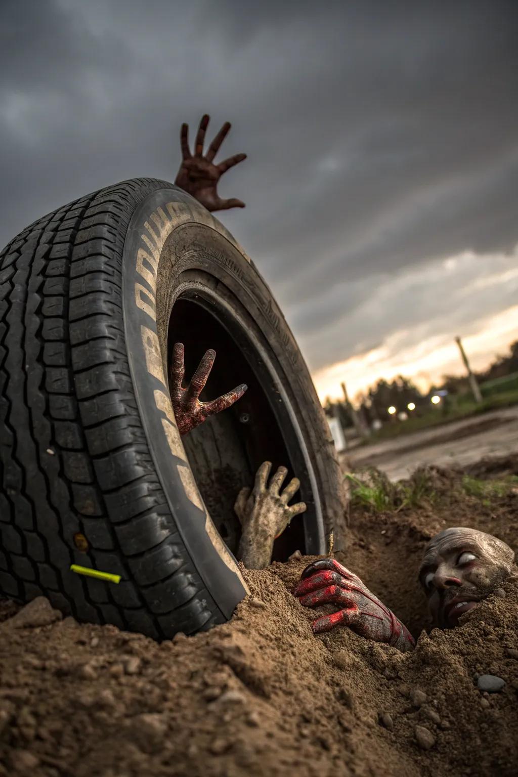 Unleash the undead with these spine-chilling Zombie Onslaught Tires, perfect for your Halloween decorations!