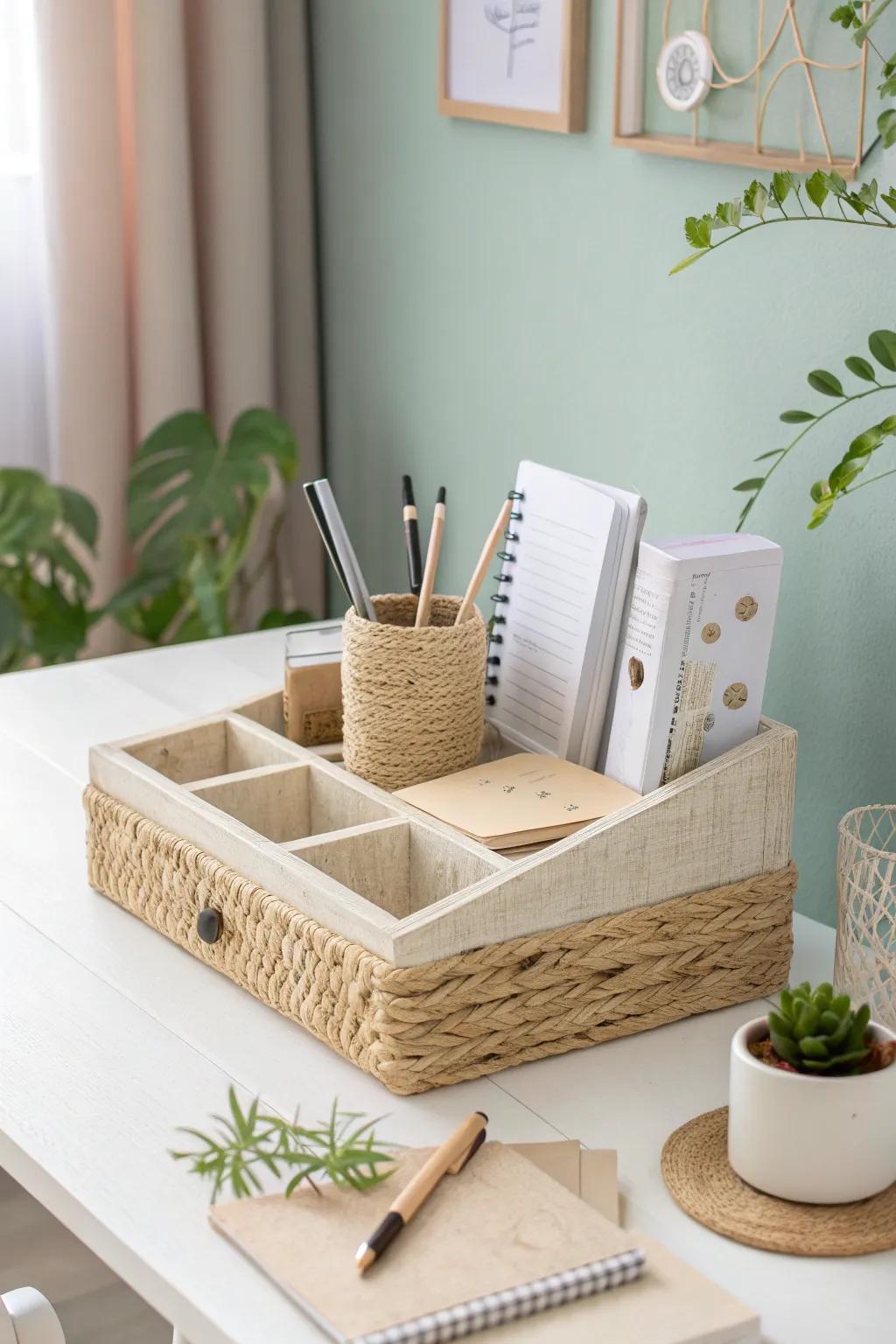 Transform your workspace with this chic and sustainable DIY workspace organizer, where simplicity meets style.