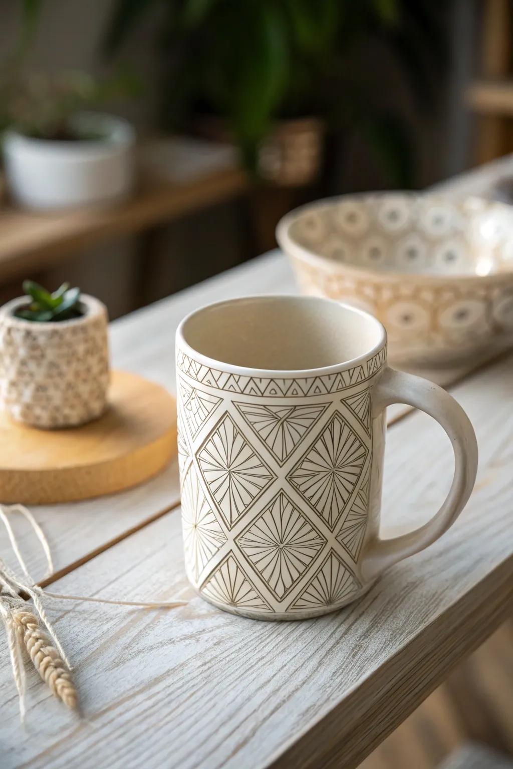 Drink in style with this stunning geometric patterned mug, where modern design meets artisanal beauty.