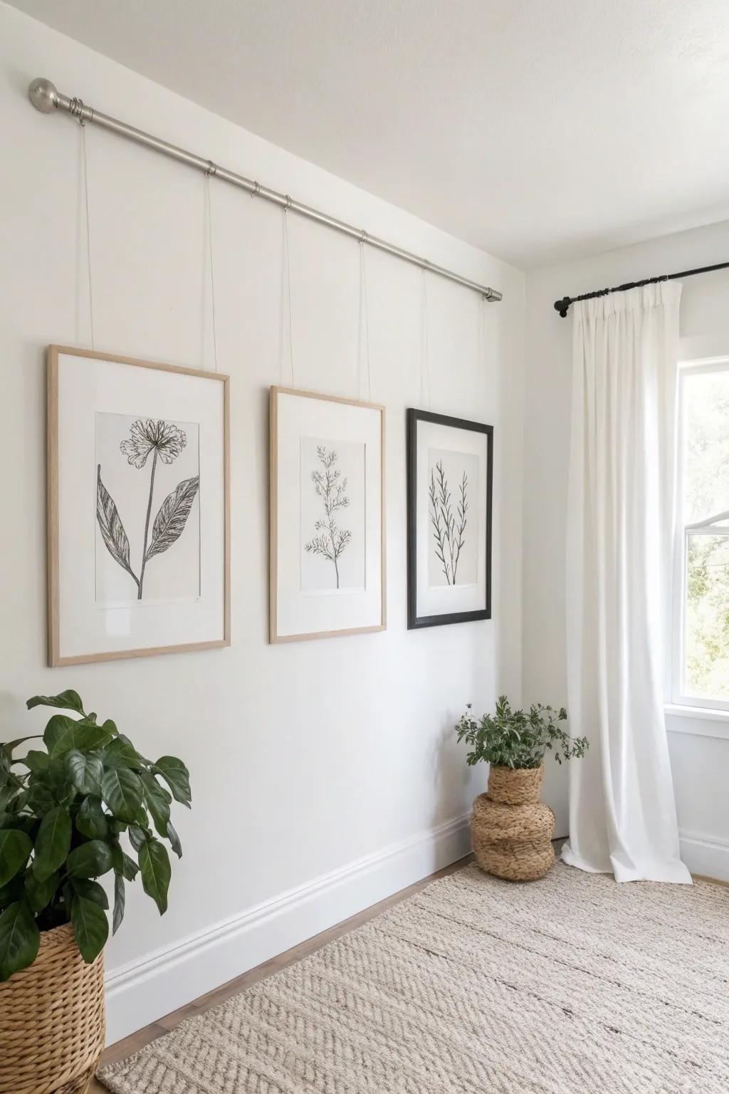 Enhance your art display with effortless sophistication utilizing tension rods—ideal for a nail-free, minimalist aesthetic.