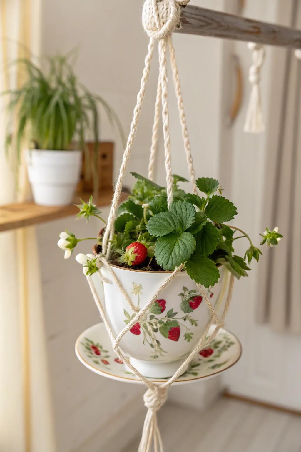 Imbue your space with a touch of caprice, using vintage teacup strawberry planters.