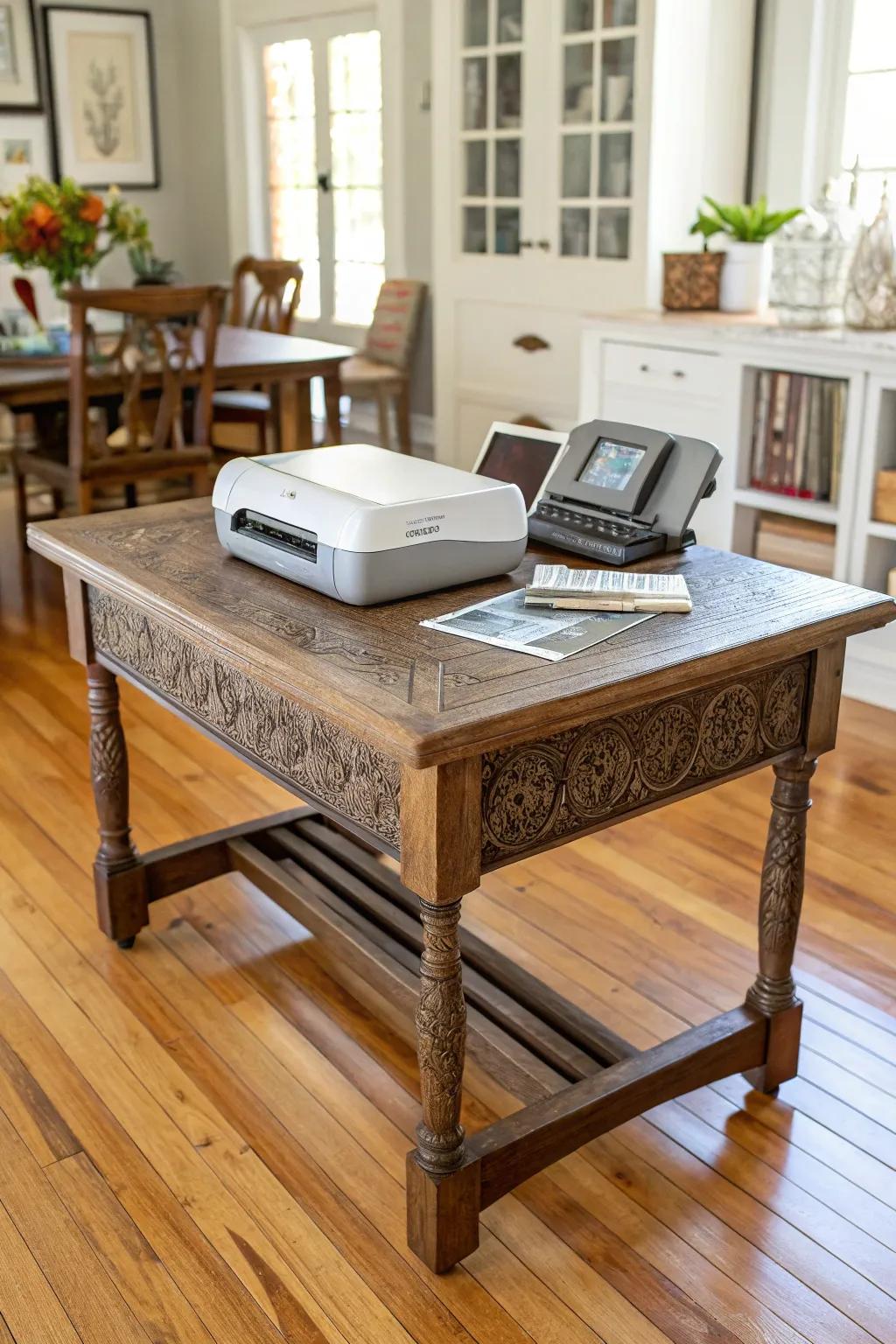 Improve your workspace with a hint of countryside allure: Repurpose your old dining table into the perfect stand for your heat press.