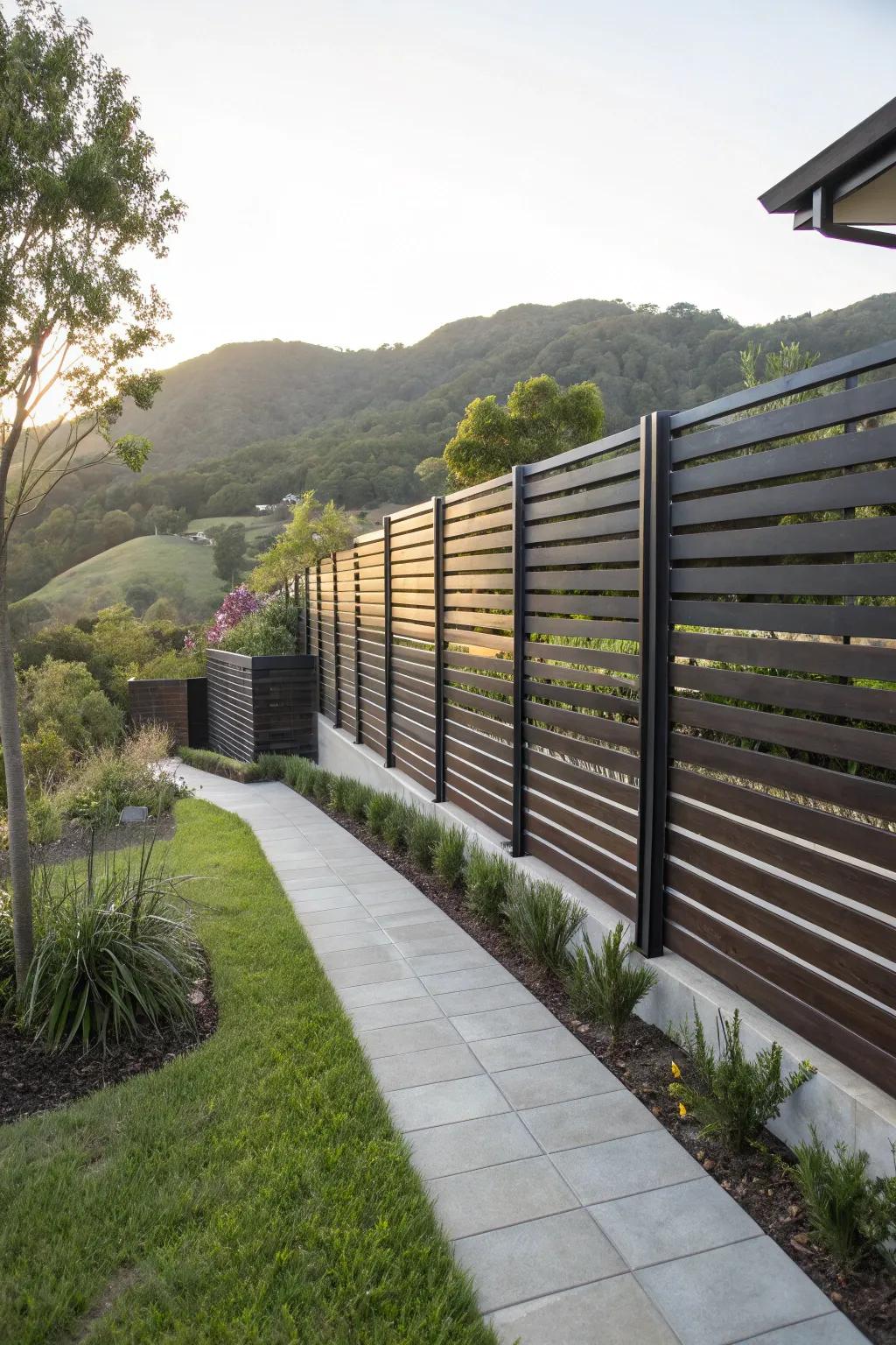 Enhance your sloped garden with a chic lattice horizontal fence that blends seclusion with sophistication.