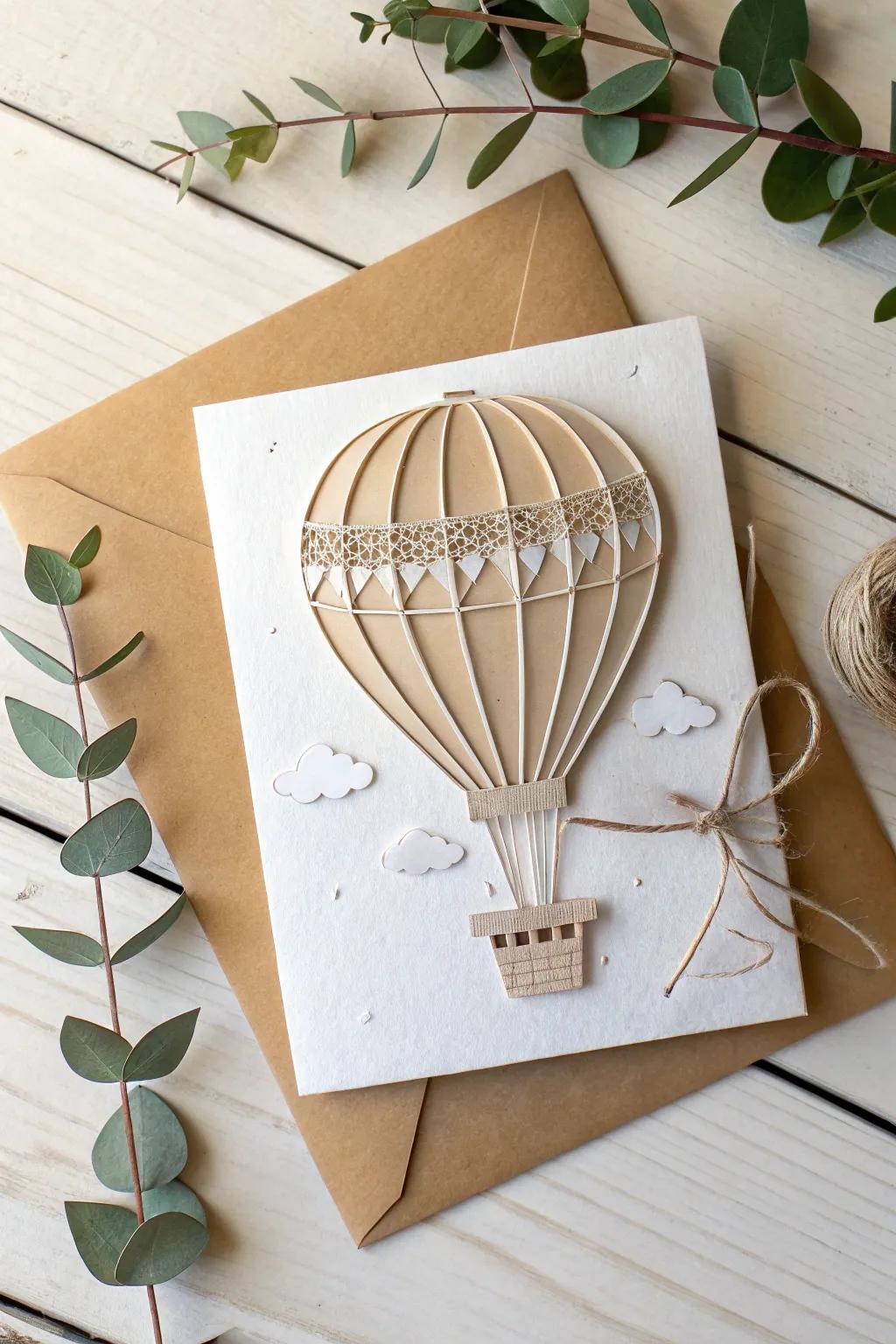 Elevate your message with sustainable beauty by crafting a hot air balloon card with recycled paper that blends minimalist elegance with a Boho feel.