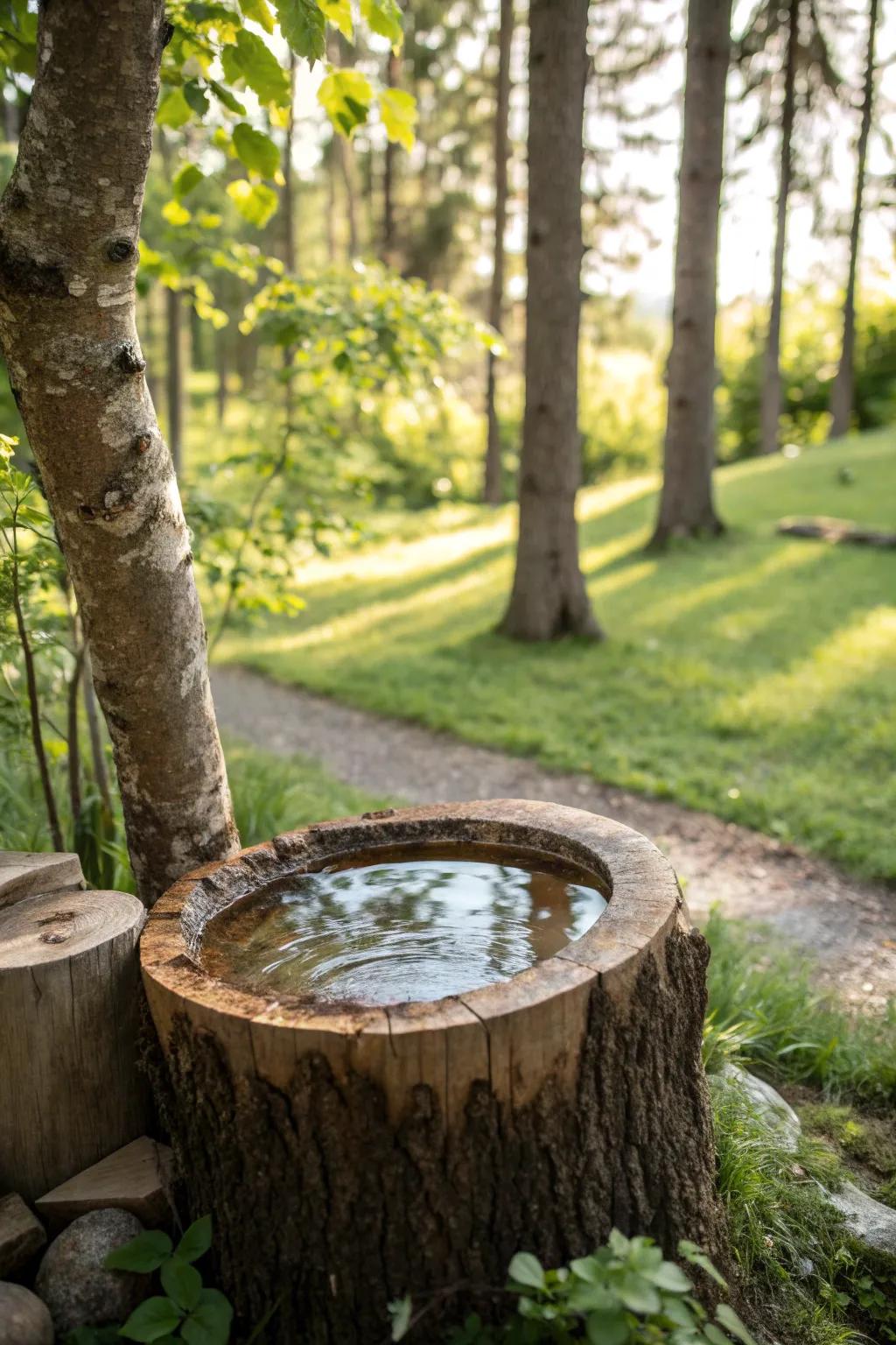 Embrace nature through an enchanting timber birdbath, ideally suited for your woodland garden retreat.
