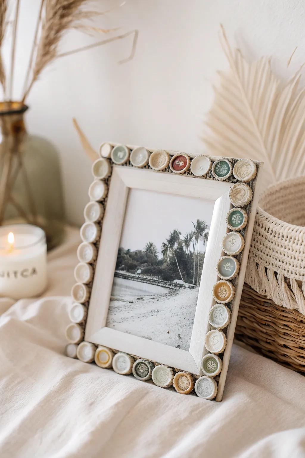 Convert flask lids into a sophisticated, environmentally conscious picture frame with a bohemian-minimalist flair.
