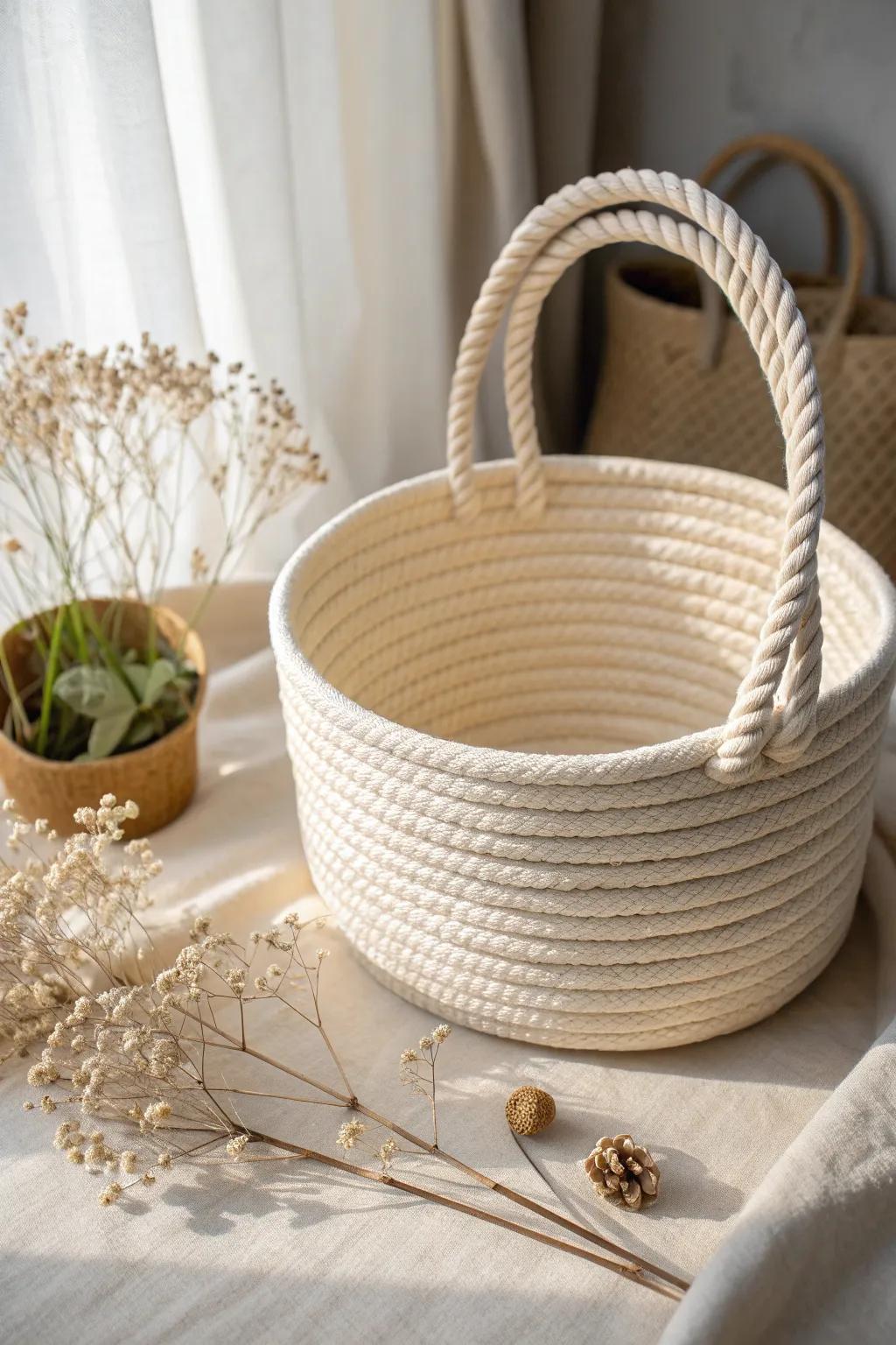 Embrace rustic sophistication with a hand-fashioned cord basket—impeccable for a serene, minimalist Easter ornamentation.