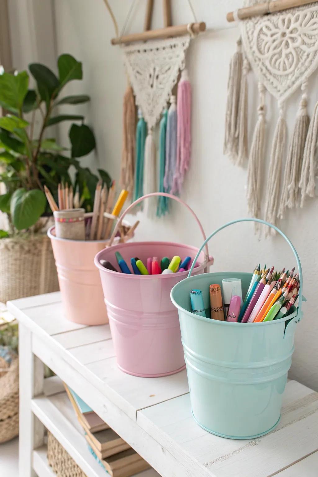 Transform arranging into a playful escapade with charming beach pail containers for kids' art materials!