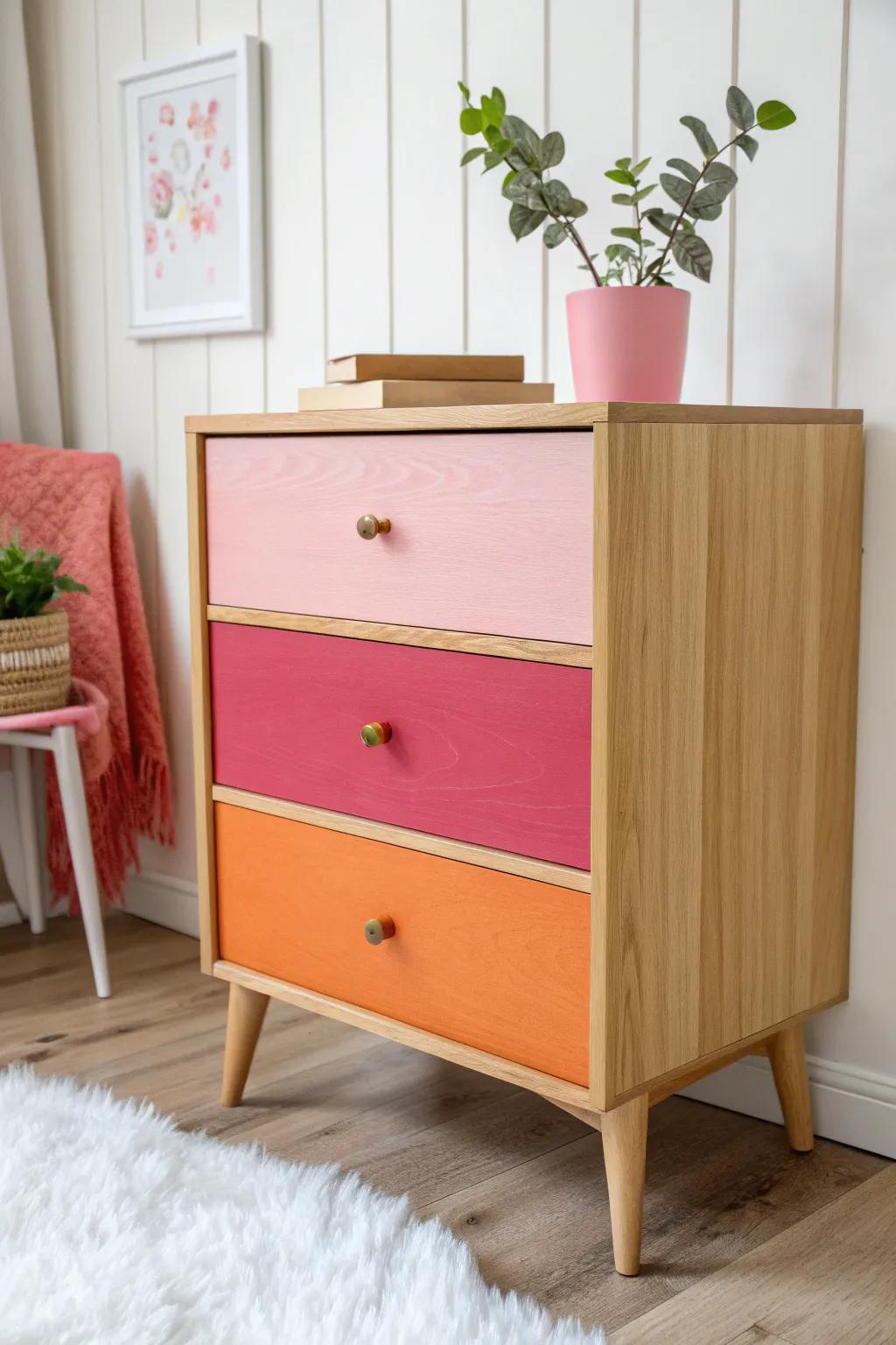 Transform your dresser with vibrant color blocking for a chic boho-minimalist look!