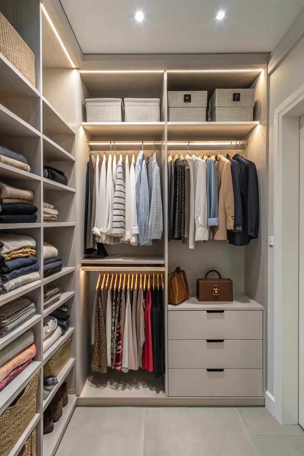 Designated zones simplify closet organization and accessibility.