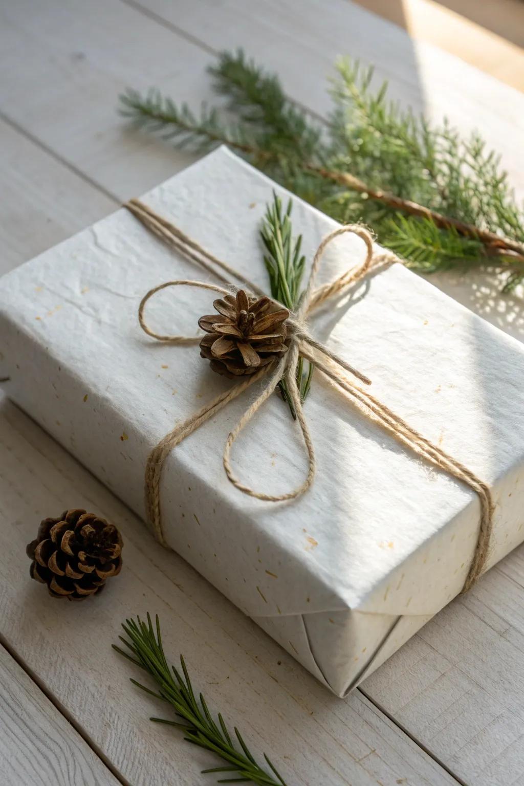 Embrace nature's sophistication using a minimalistic and genuine present wrap impression.