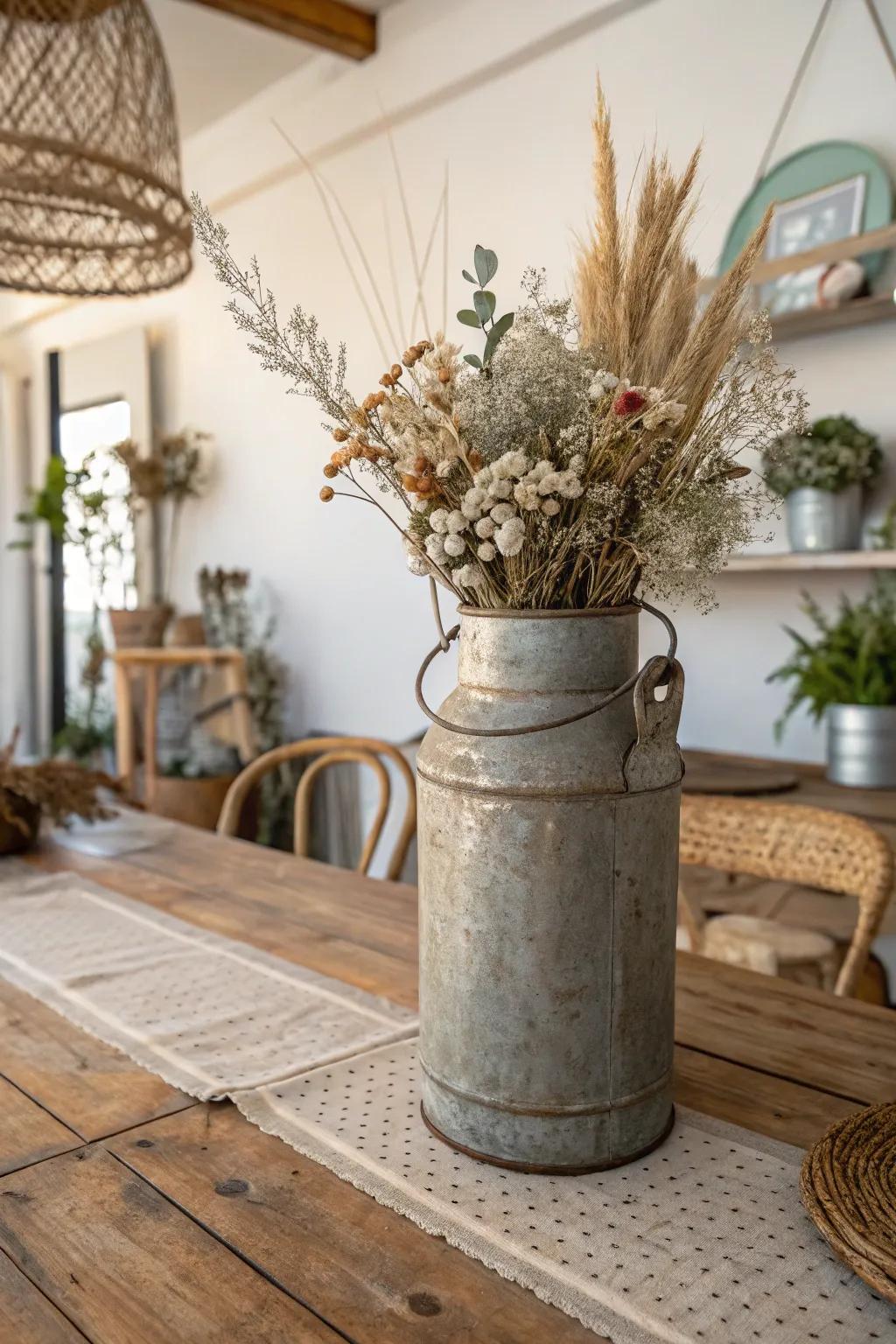 Transform history into art with a rustic metal canister centerpiece that tells a story.