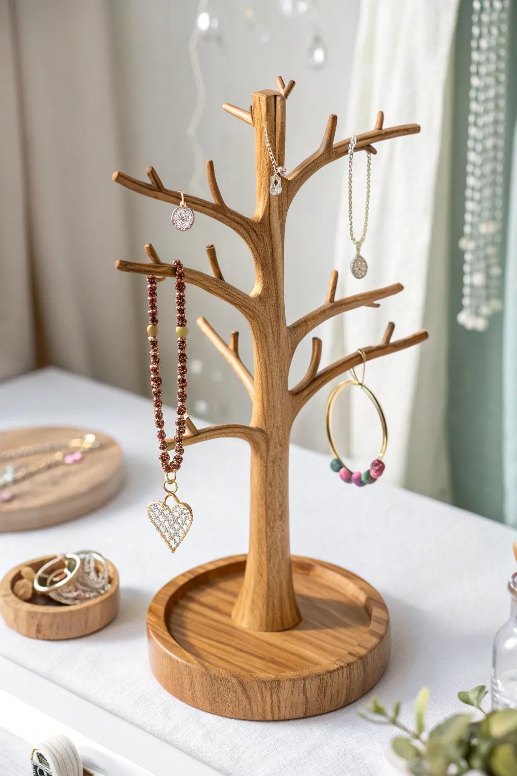 A striking amalgamation of inventiveness and artistry: the quintessential timber bauble stand for the youthful sartorial devotee.