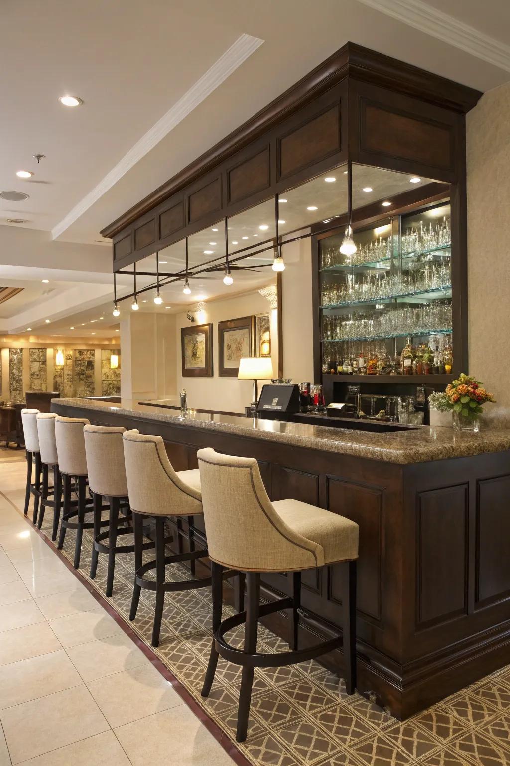 Comfortable seating elevates the social atmosphere of this L-shaped wet bar.