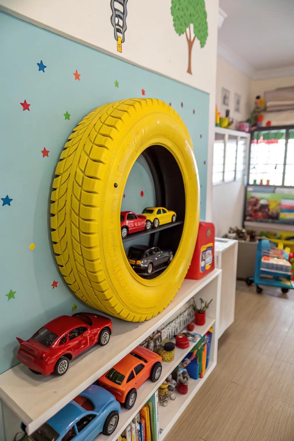 DIY tire shelves add a distinctive flair to keeping.