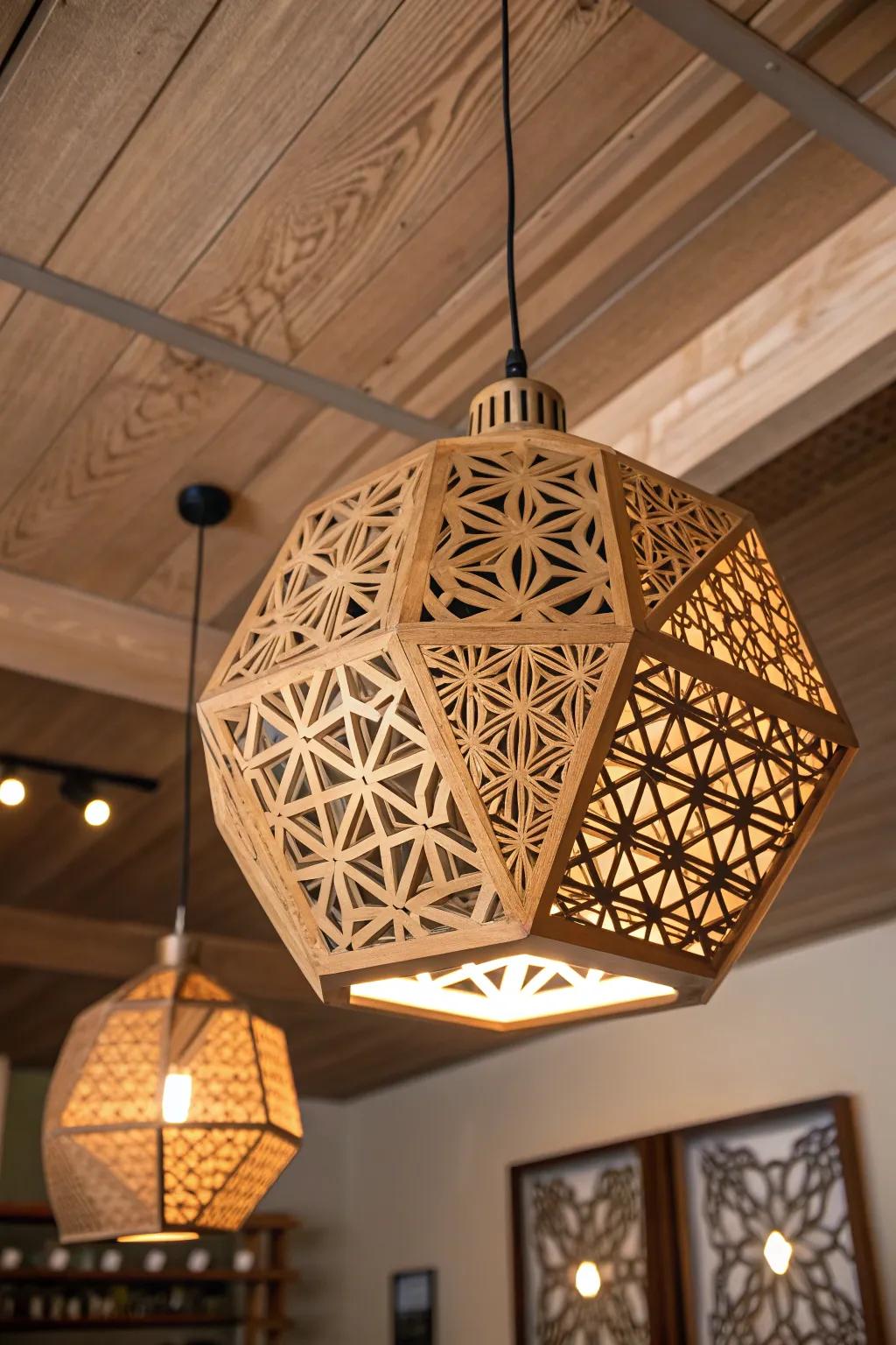 Illuminate your expanse with the mesmerizing patterns of an exactness-etched timber suspension lamp.