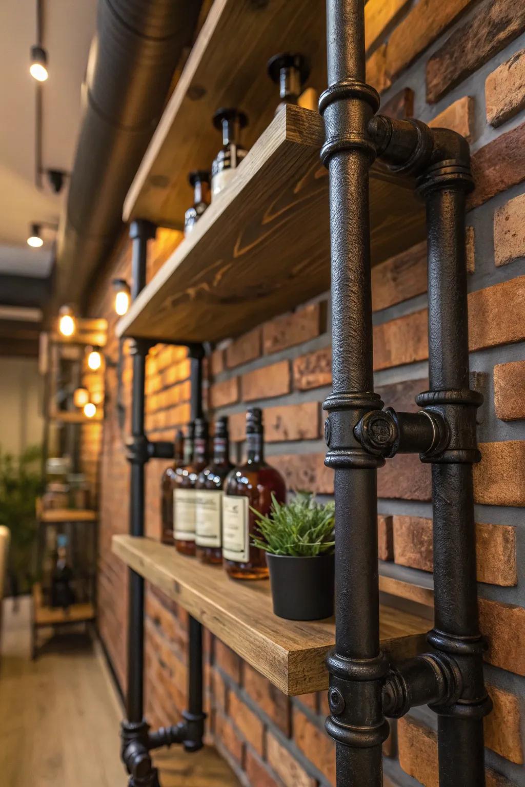 Transform your man cave with cost-effective industrial pipe shelves for a refined, rustic aesthetic.