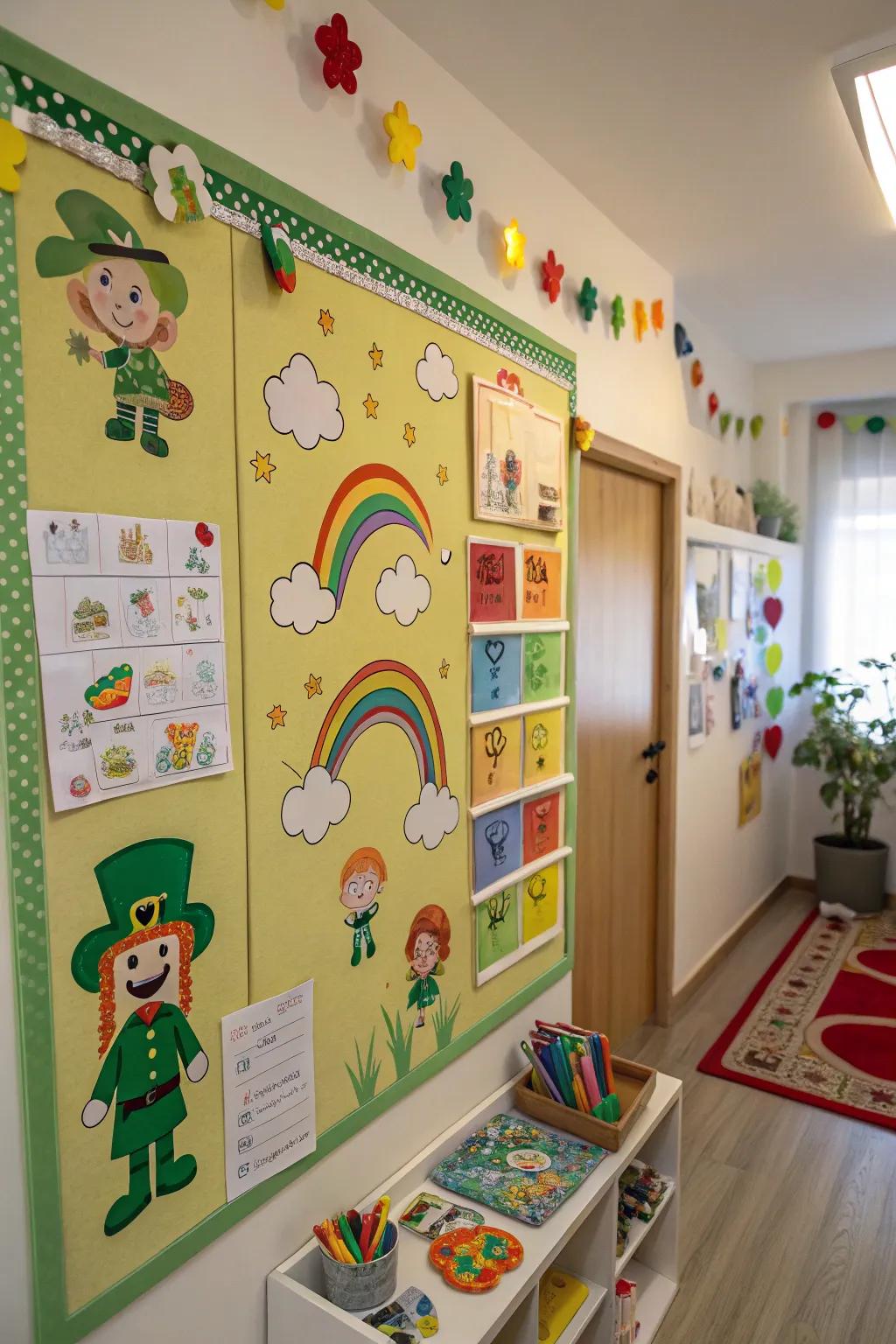 A whimsical display board featuring leprechauns and lucky charms.