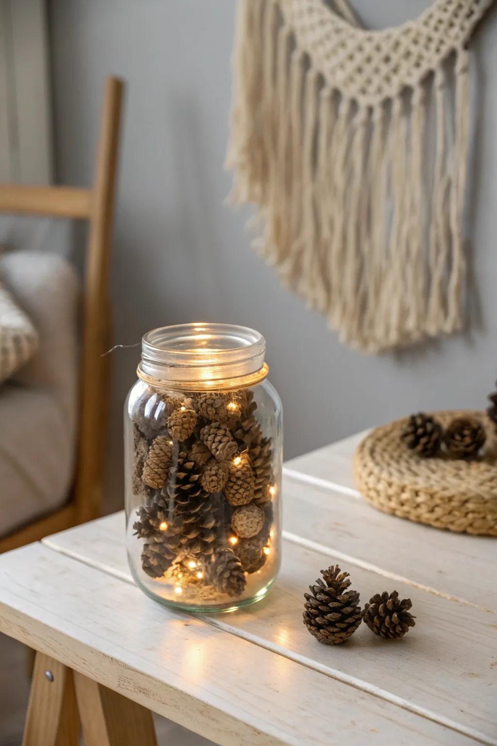 Illuminate your autumnal evenings through a fetching cone illumination piece within a jar, intermingling minimalist elegance with a dash of bohemian warmth.
