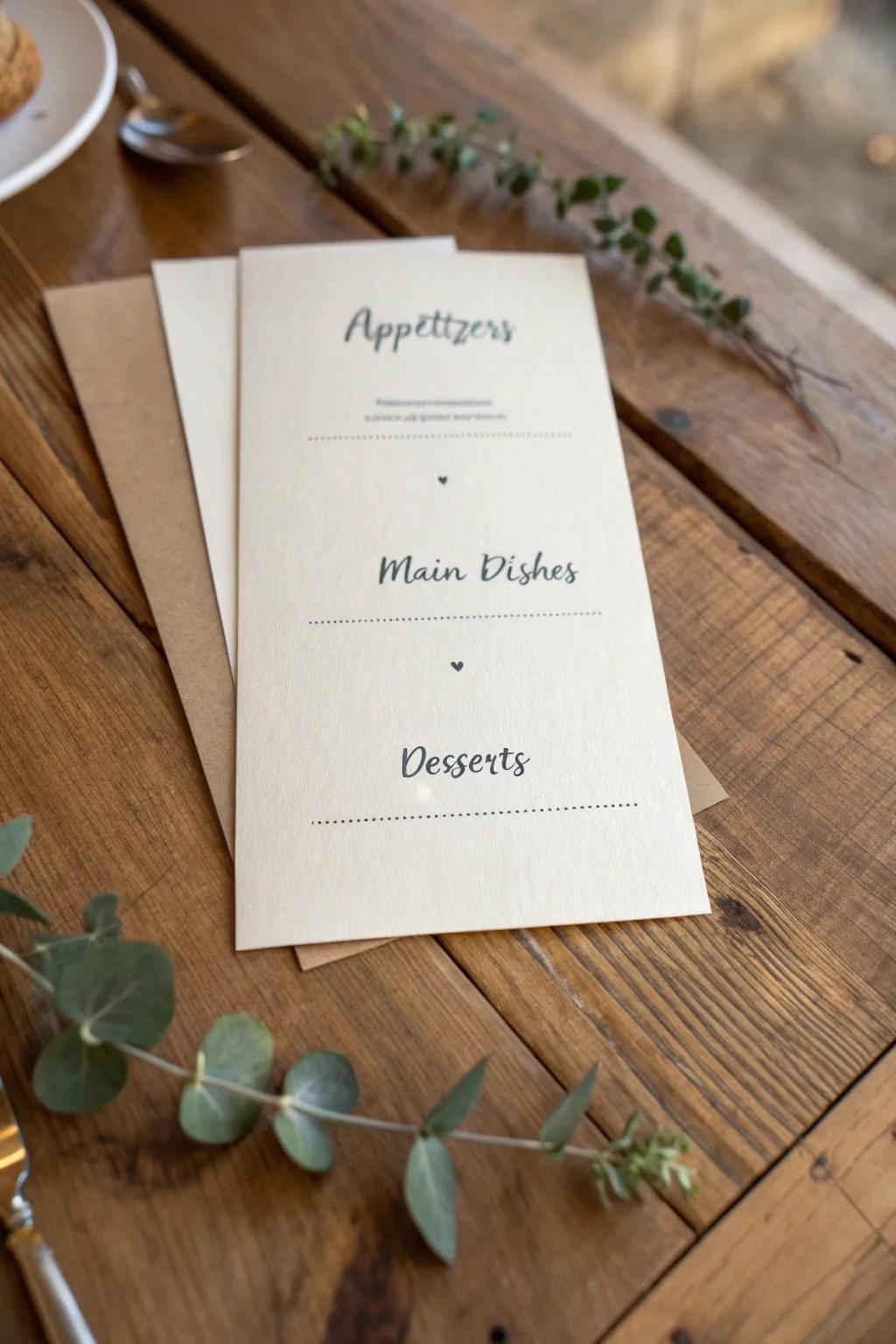 Elevate your culinary moments through a course-organized menu that's as exquisite as it is functional.