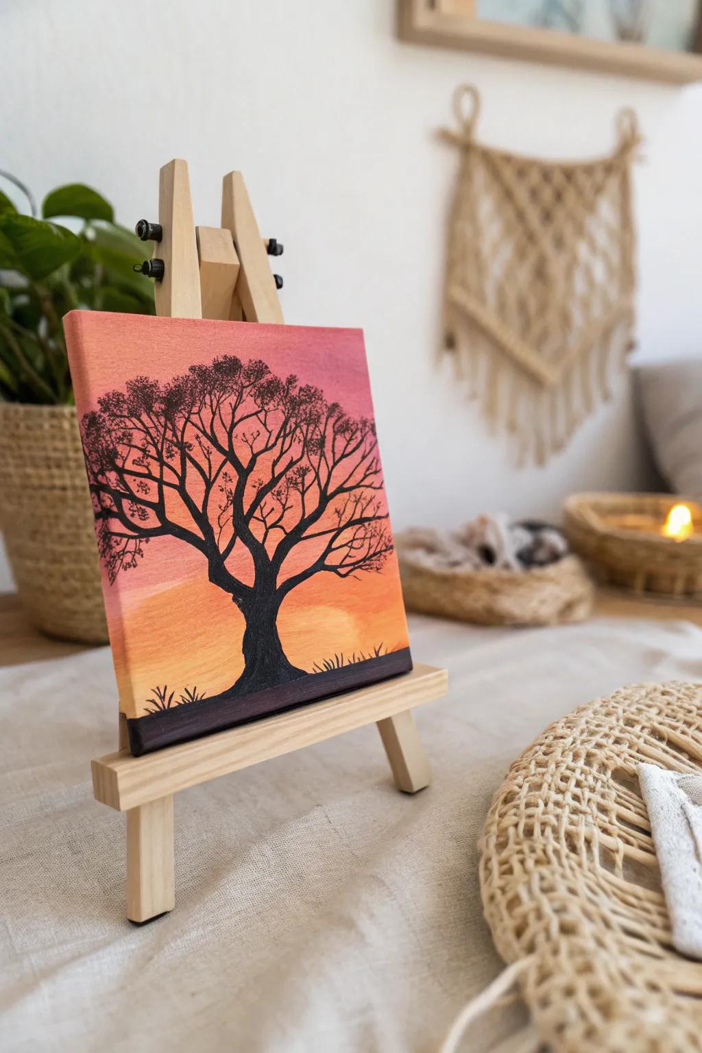 Capture nature's soul using a serene tree shape at sunset. Simple beauty, crafted by hand.