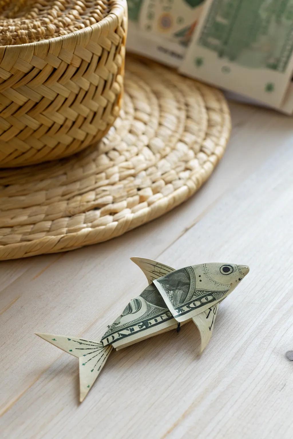 Artful Elegance: Dive into the realm of currency origami with this sleek dollar fish, perfect for adding a whimsical touch to any setting.