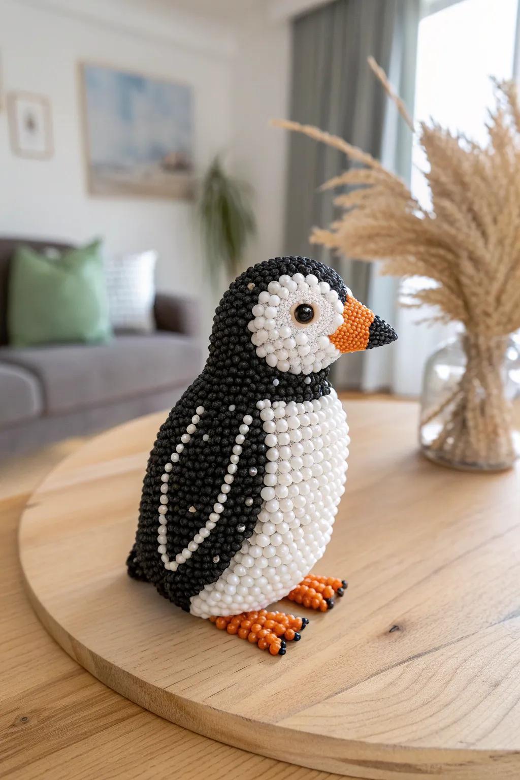 Crafted Charm: A minimalist bead penguin sculpture that adds a touch of whimsy and elegance to any space.