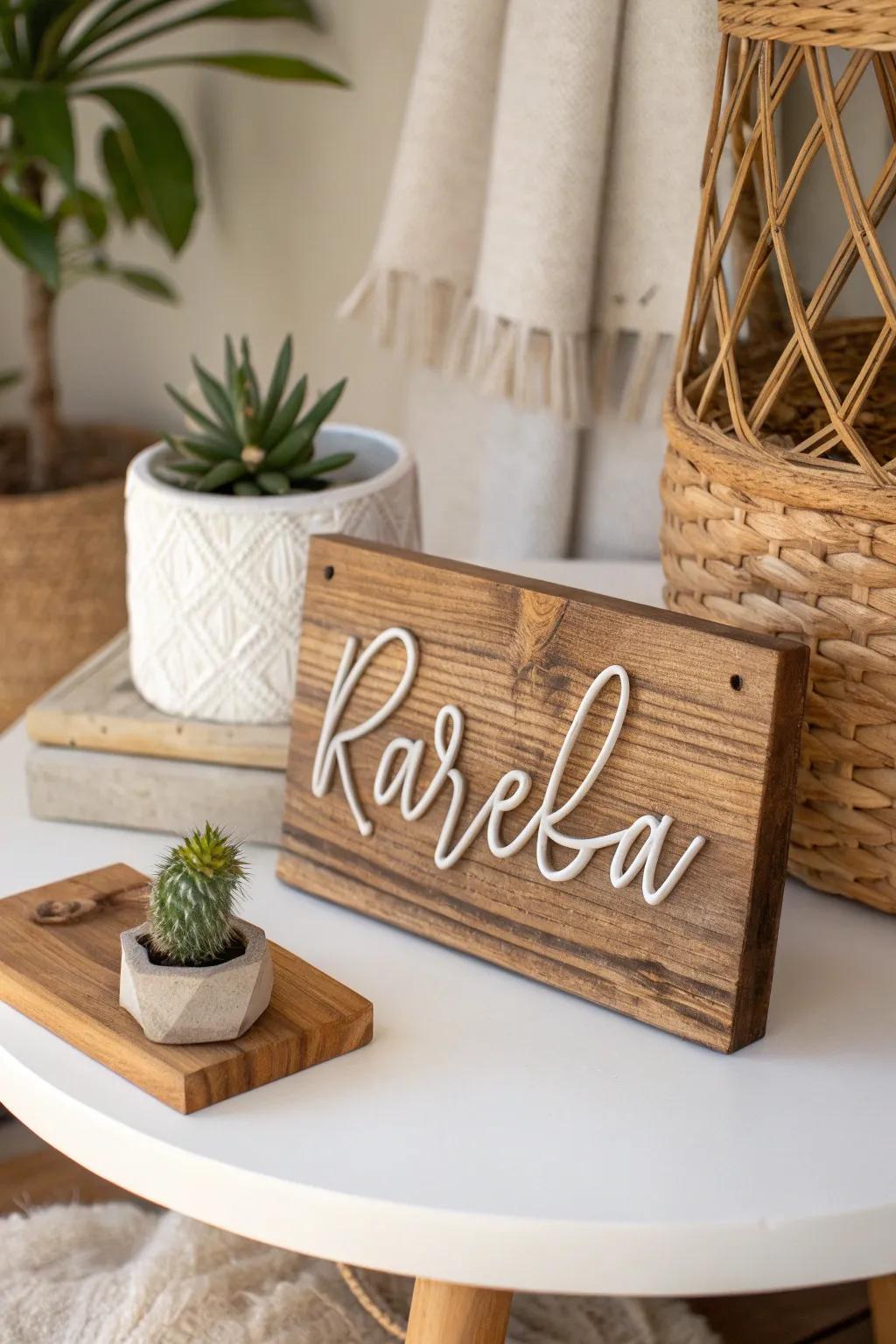 Transforming the old into new beauty: an eco-conscious name marker crafted from reclaimed timber.
