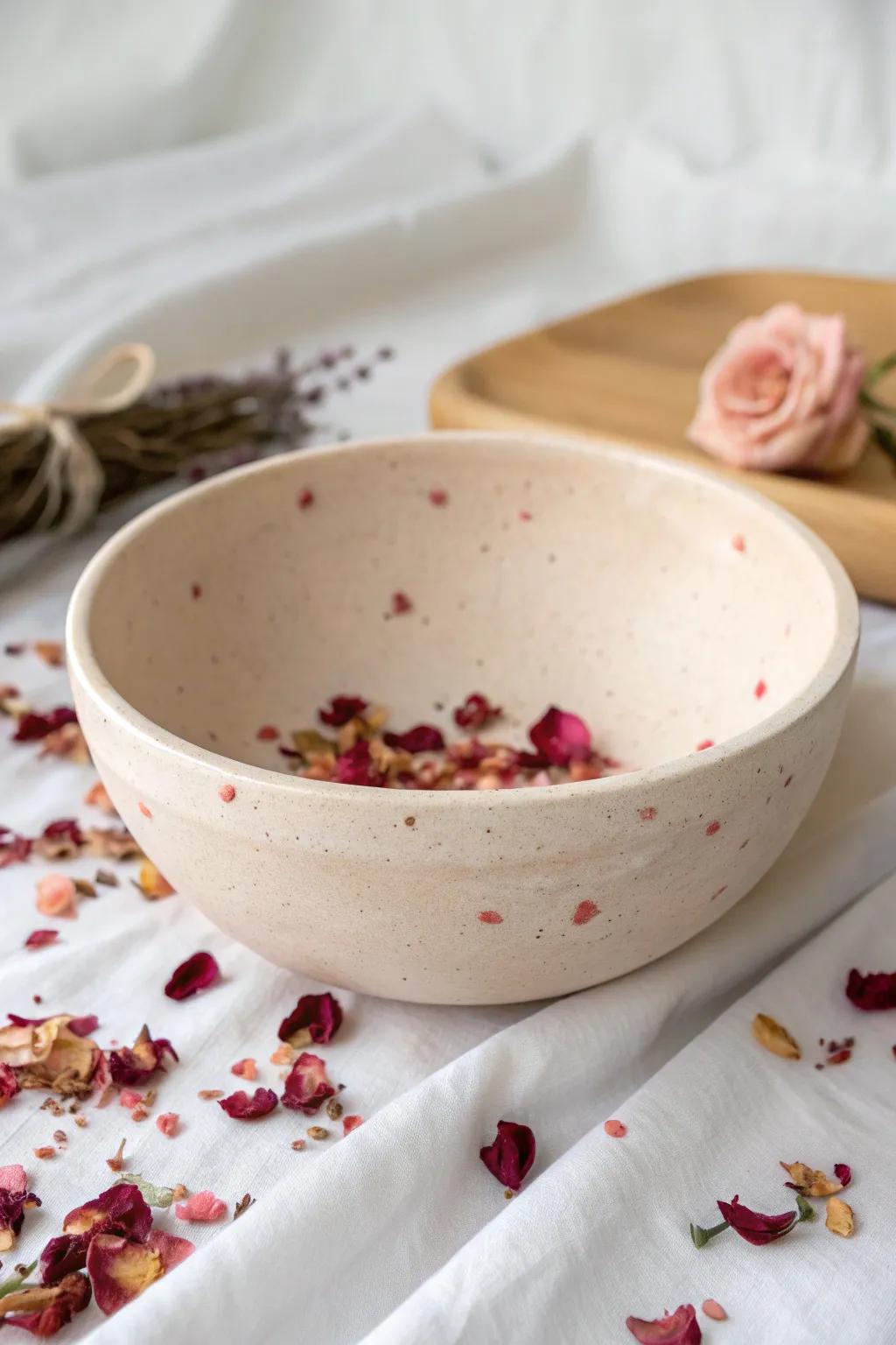 For a sentimental impression in your decor, embrace the innate pulchritude of roseate petal clay.