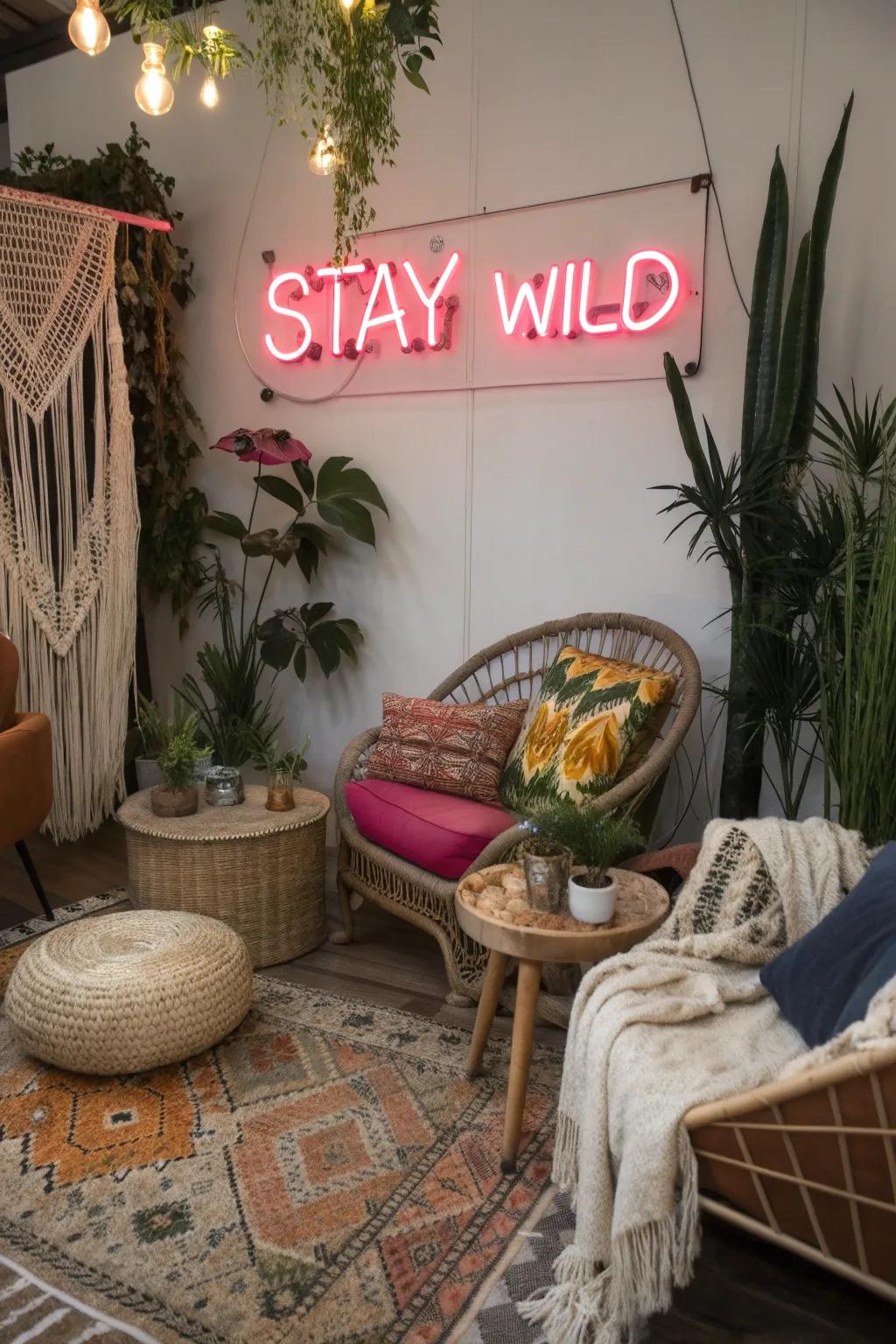 A chill living space enhanced with an excellent illuminated sign.