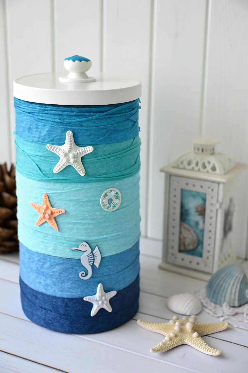 Plunge into inventiveness through this Upcycled Oceanic Strata Container – wherein unpretentiousness intersects with the sea!