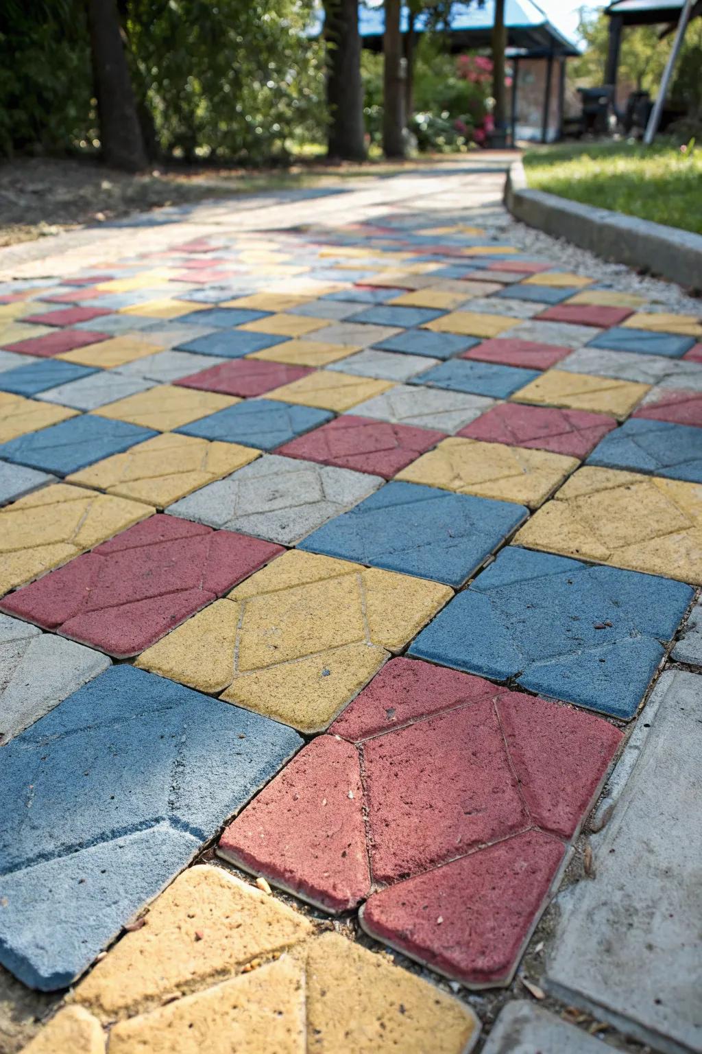 Transform your cement patio into a vibrant masterpiece through colorful pavers that articulate your distinct flair.