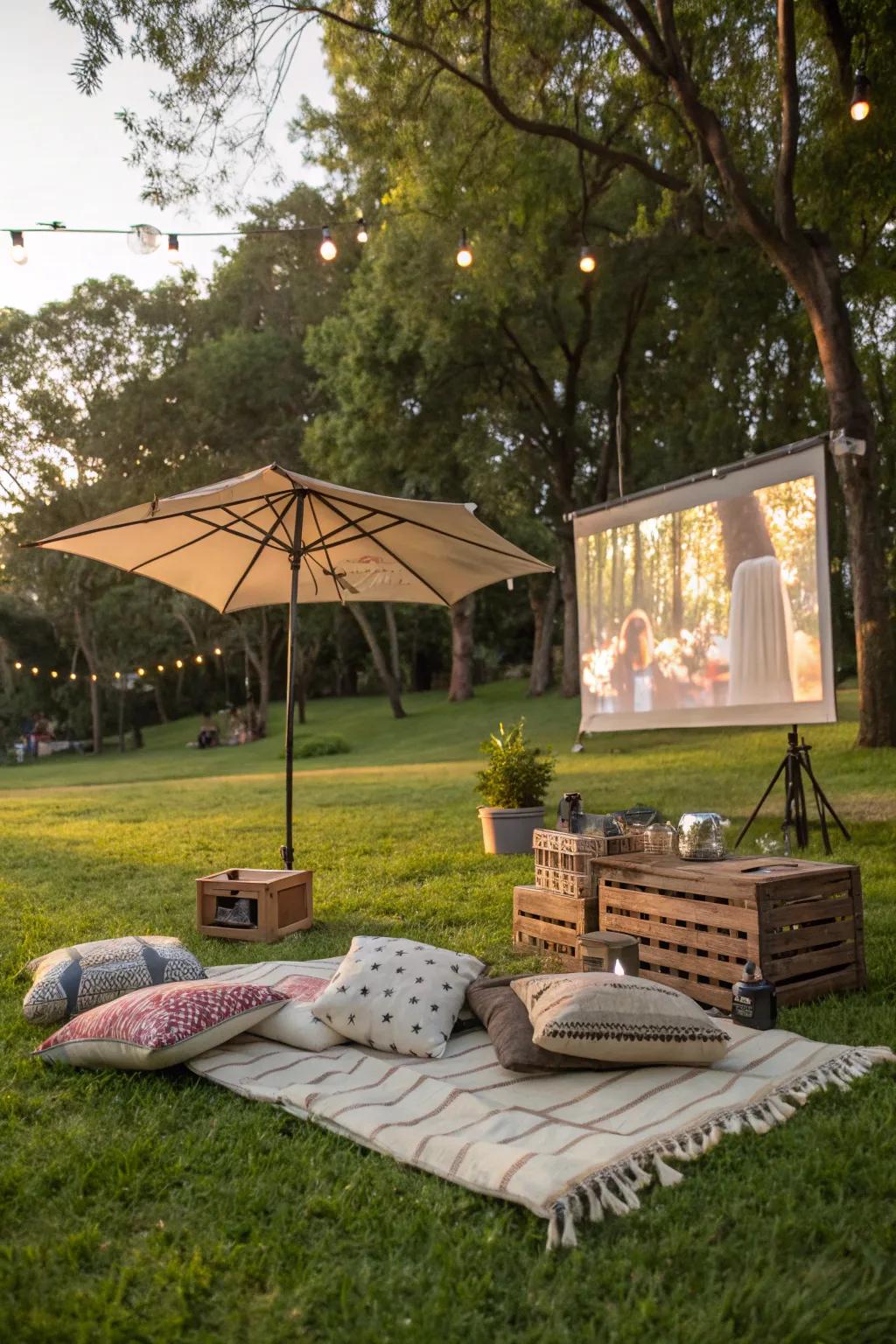 Transform any outdoor space into a cinematic escape with a creative picnic projector arrangement!