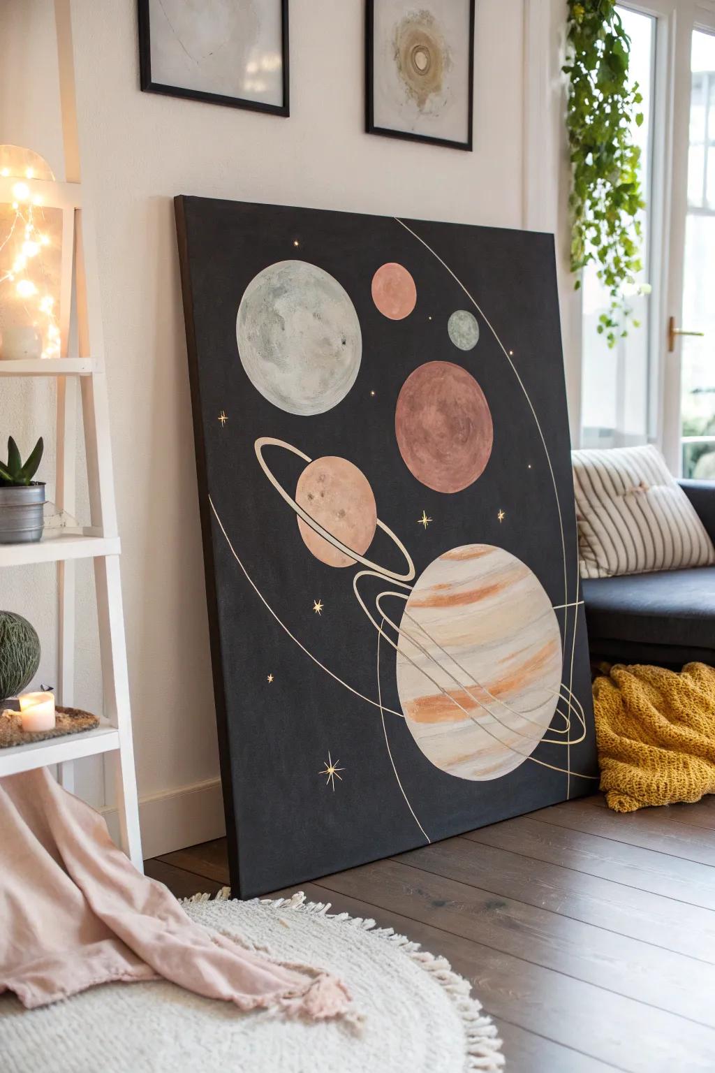 Delve into the cosmos with minimalist refinement. A planetary arrangement painting that introduces heavenly beauty into your setting.
