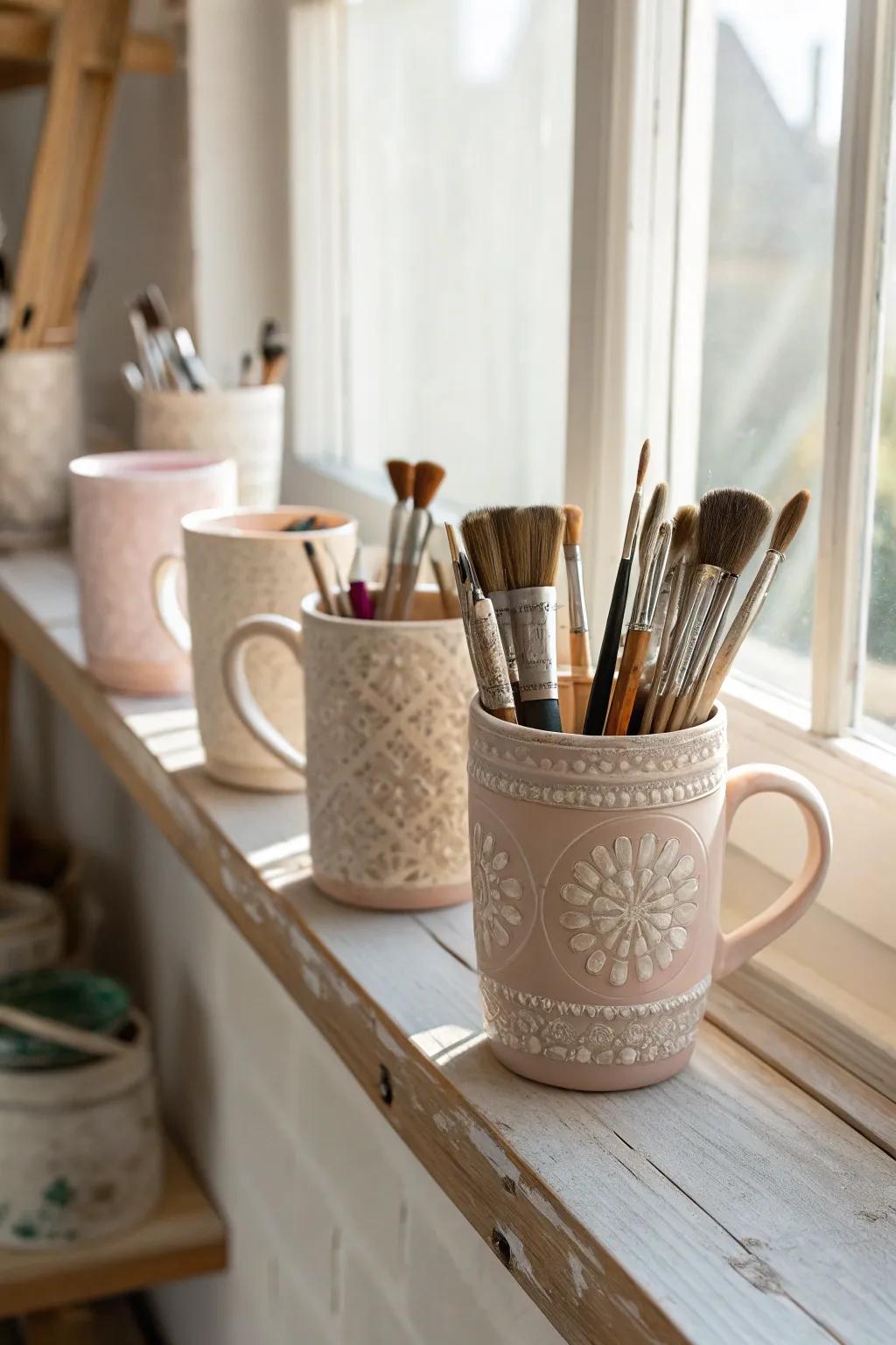 Transform your workspace into an enchanting retreat with classic mugs as innovative applicator holders. A fusion of nostalgia and Scandinavian simplicity.