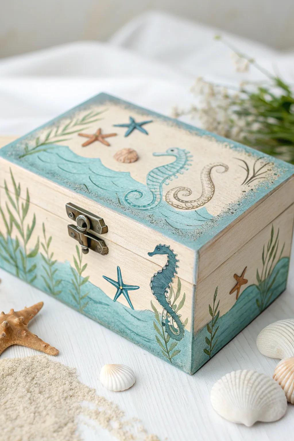 Embrace serenity with this ocean-inspired storage box, where waves and sea creatures dance in harmony.