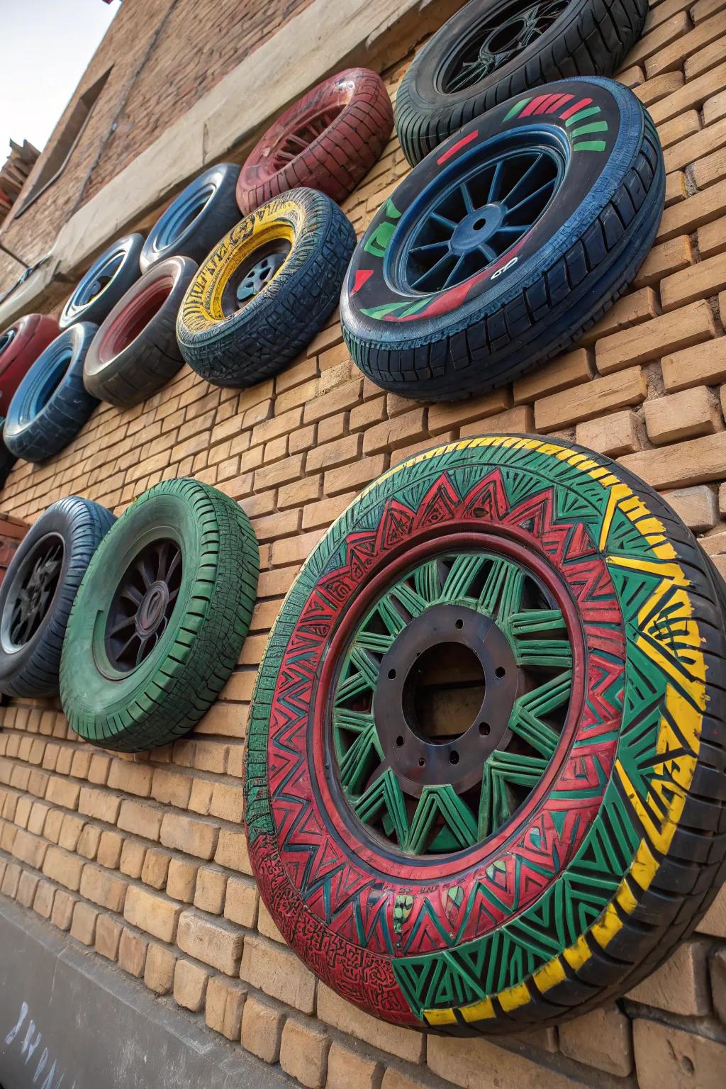 Transform your environment with captivating tire art that converts walls into masterpieces.