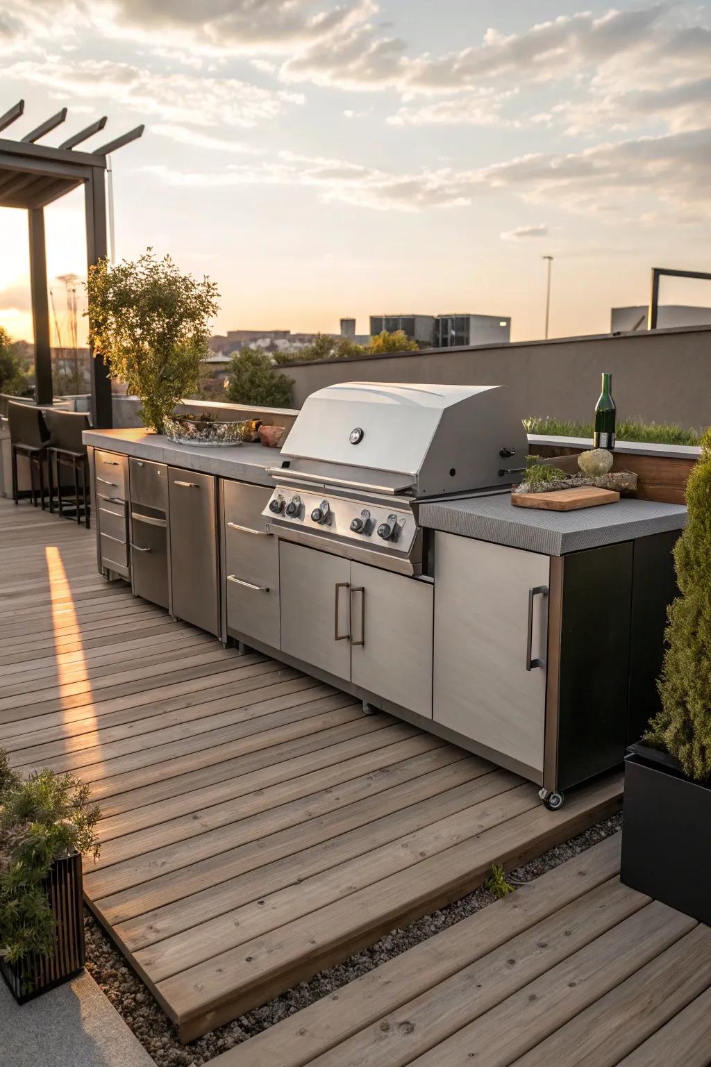 Elevate your open-air congregations through a stylish platform terrace culinary space—where quaint appeal intertwines with contemporary culinary elegance.
