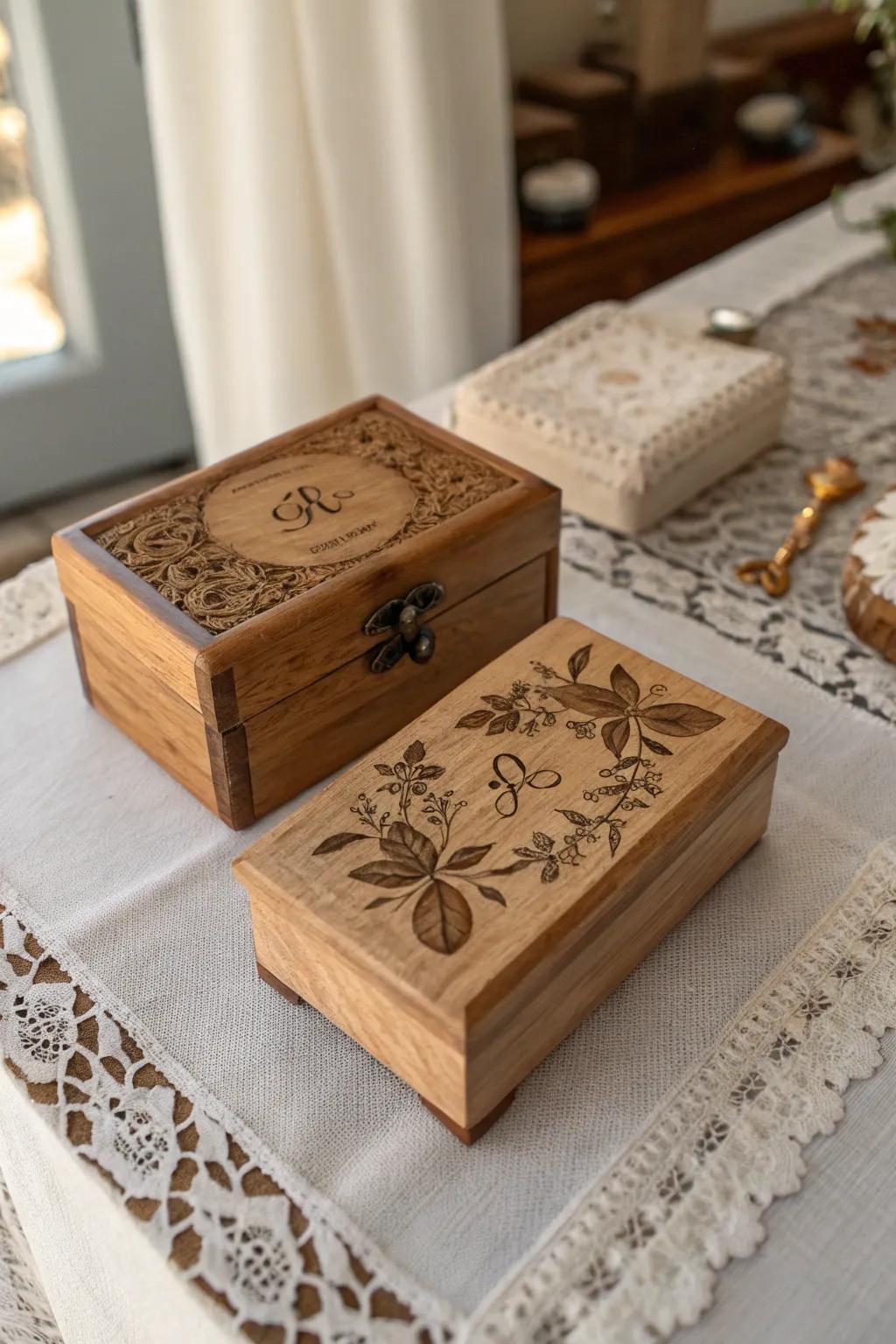 Engraved wooden chests, a timeless keepsake for baptism guests.