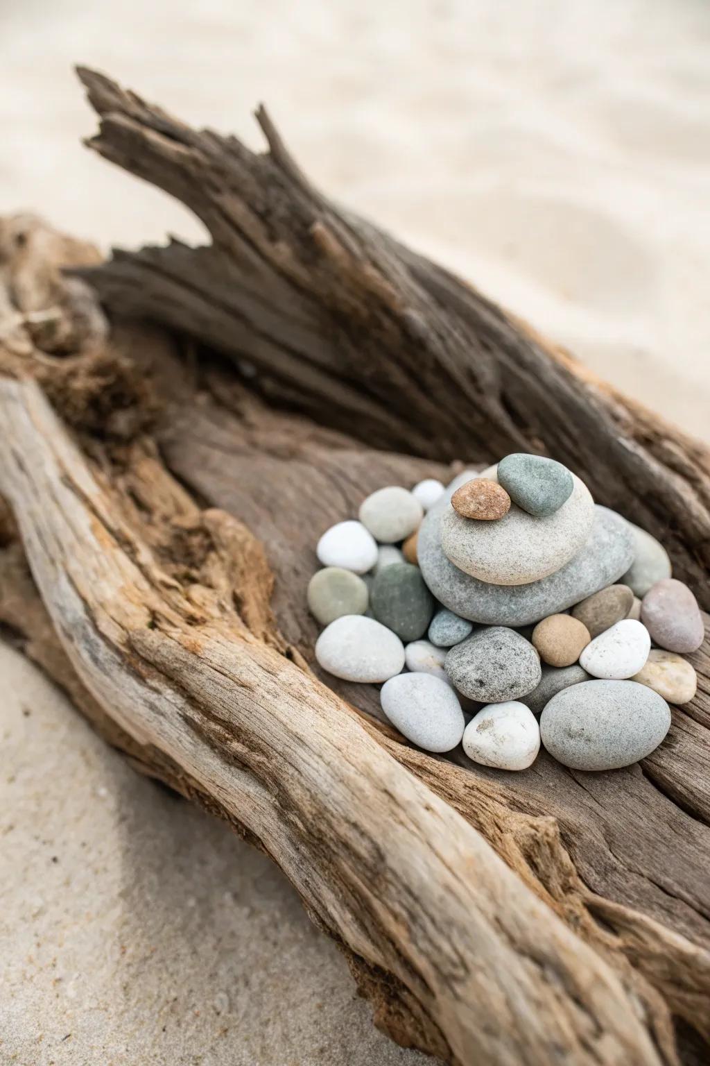 Embrace nature's craftsmanship through tranquil driftwood and pebble innovations.