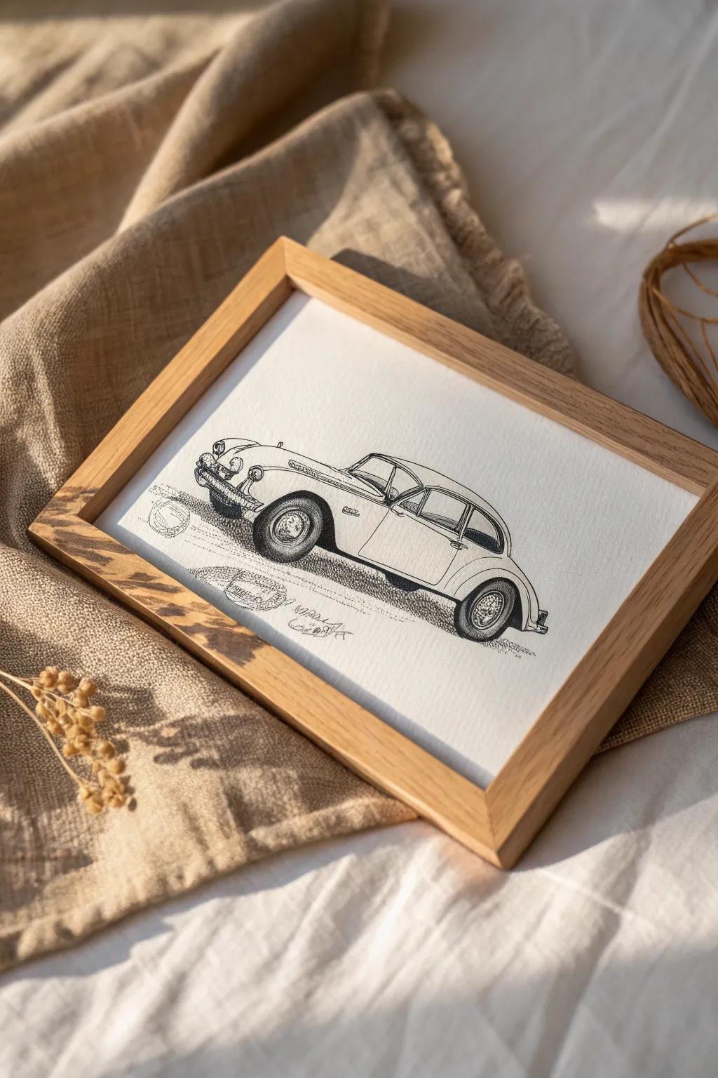 Celebrate nostalgia with this ageless vintage auto sketch, where simplicity meets sophistication.