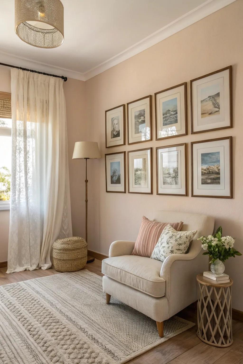 Neutral tones compose a tranquil and sophisticated gallery wall.