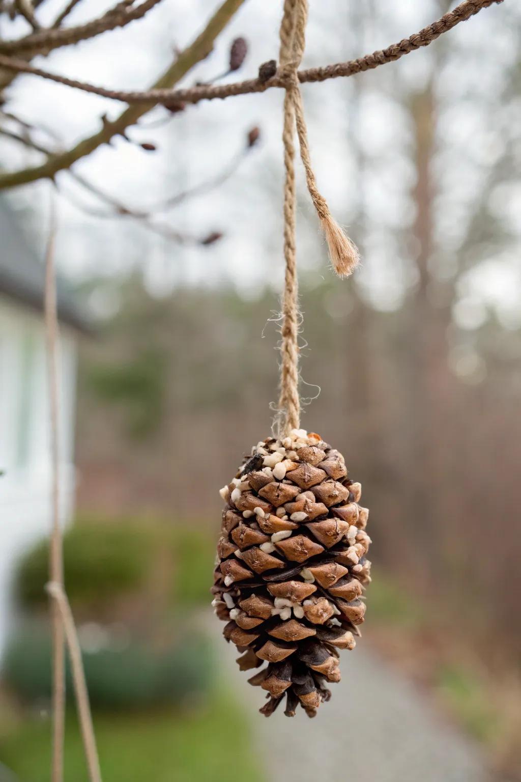 Welcome nature into your garden through this delightful pinecone feeder station.