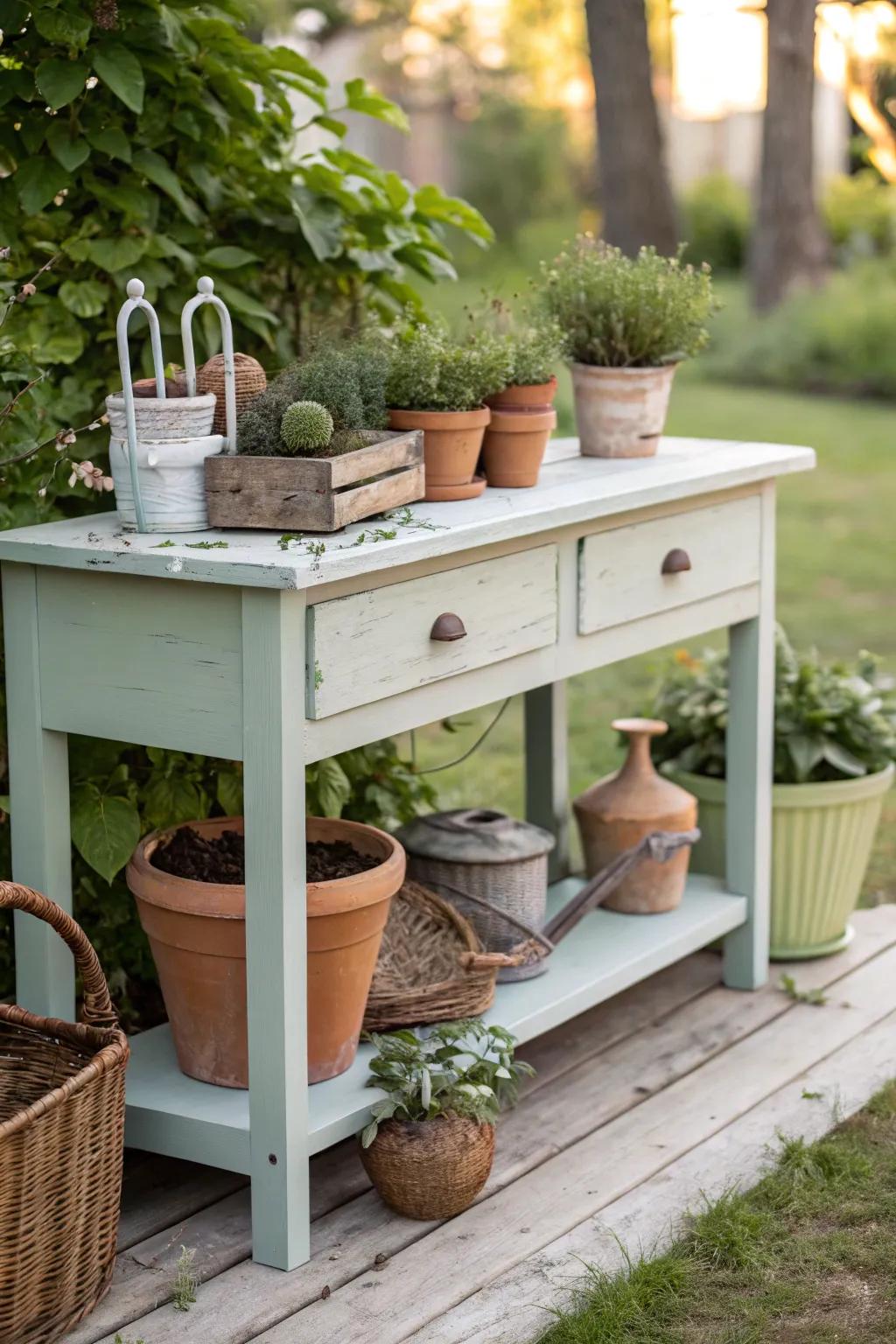 Transform vintage finds into delightful potting stations with a touch of charm and simplicity.